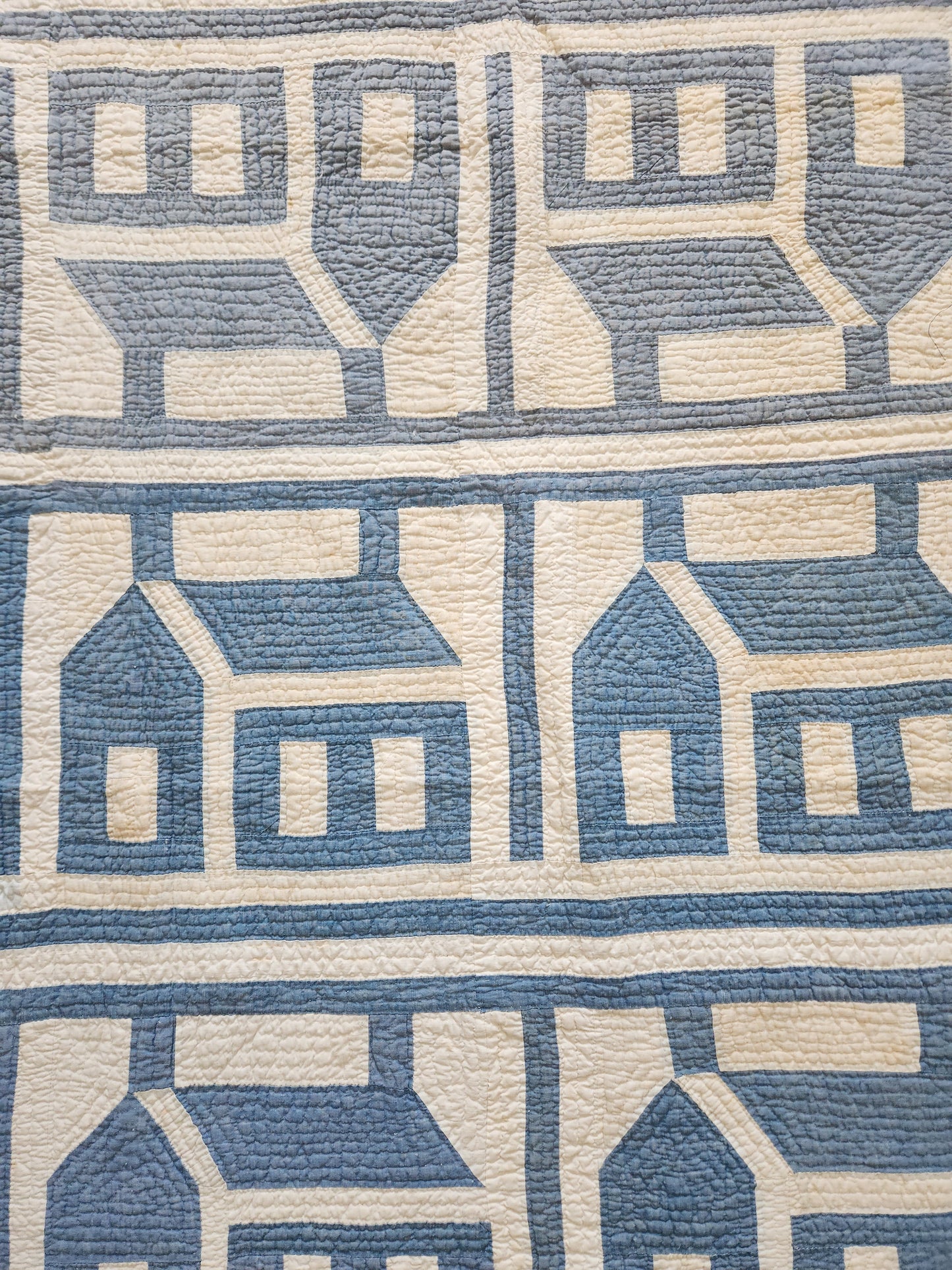 Antique Blue & White QAYG Schoolhouse Quilt c1900