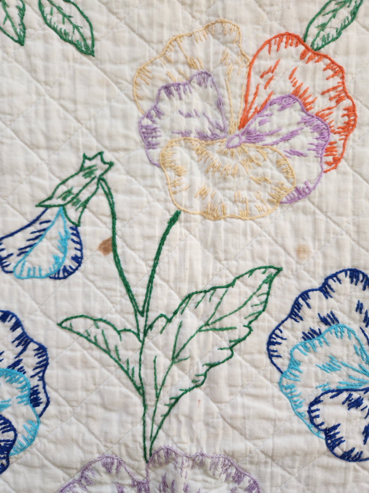 Vintage Pansy Embroidered Quilt c1940