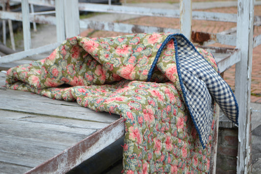 Antique Whole Cloth Geranium and Gingham Hand Tied Quilt