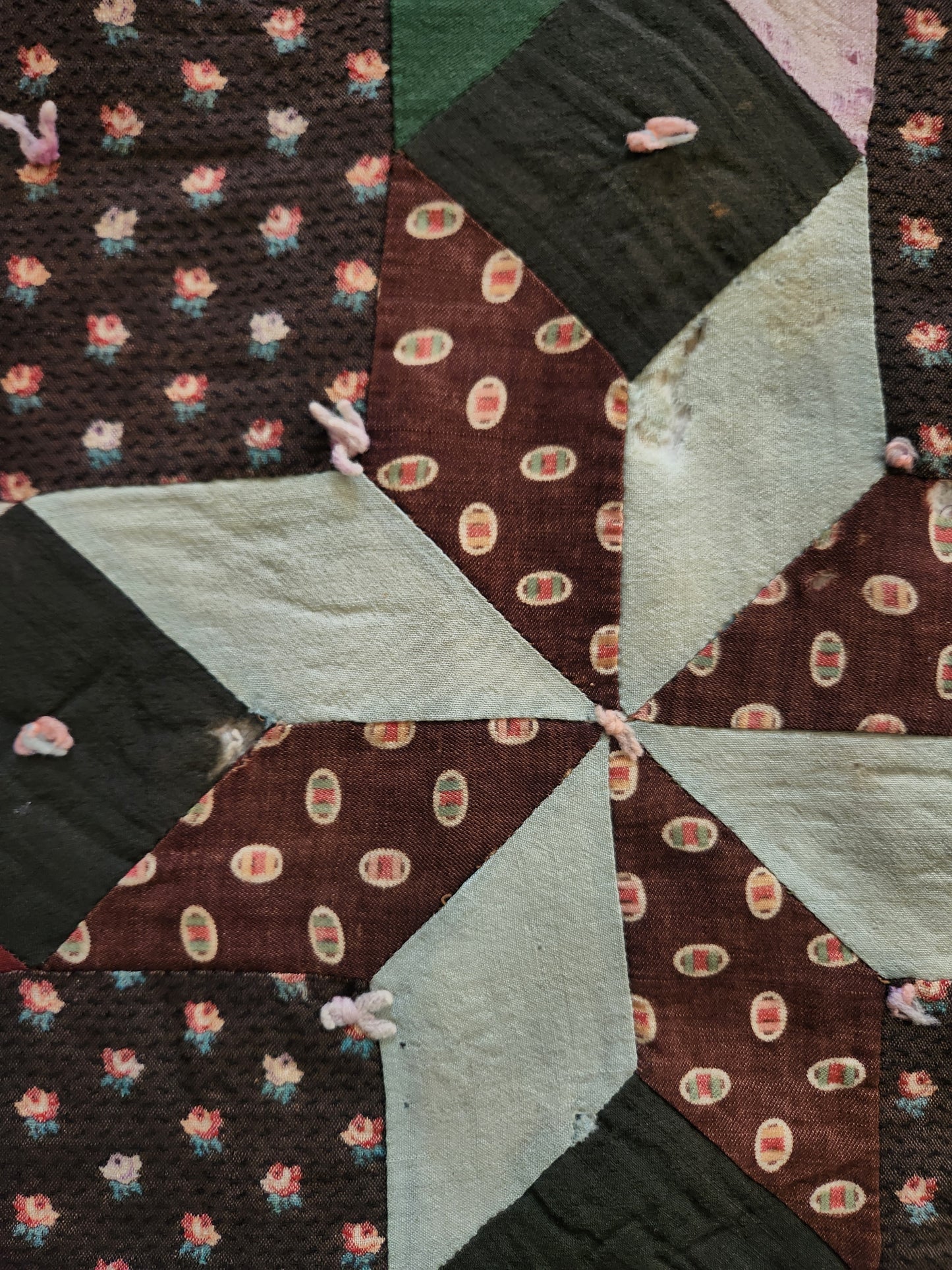 Antique 19th Century Woolen Crib Quilt Hand Tied Touching Stars