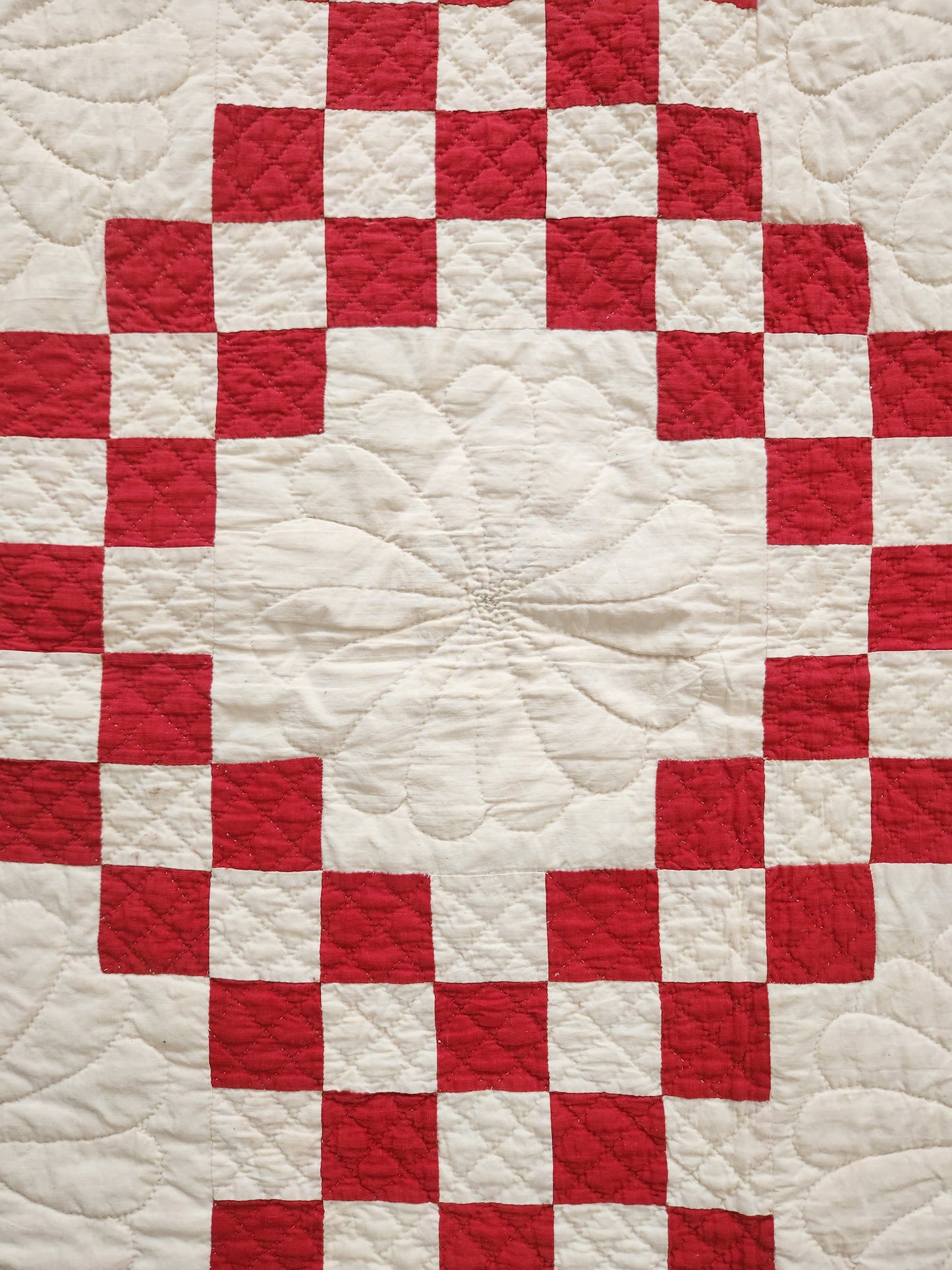 Red & White Antique Double Irish Chain Quilt c1900