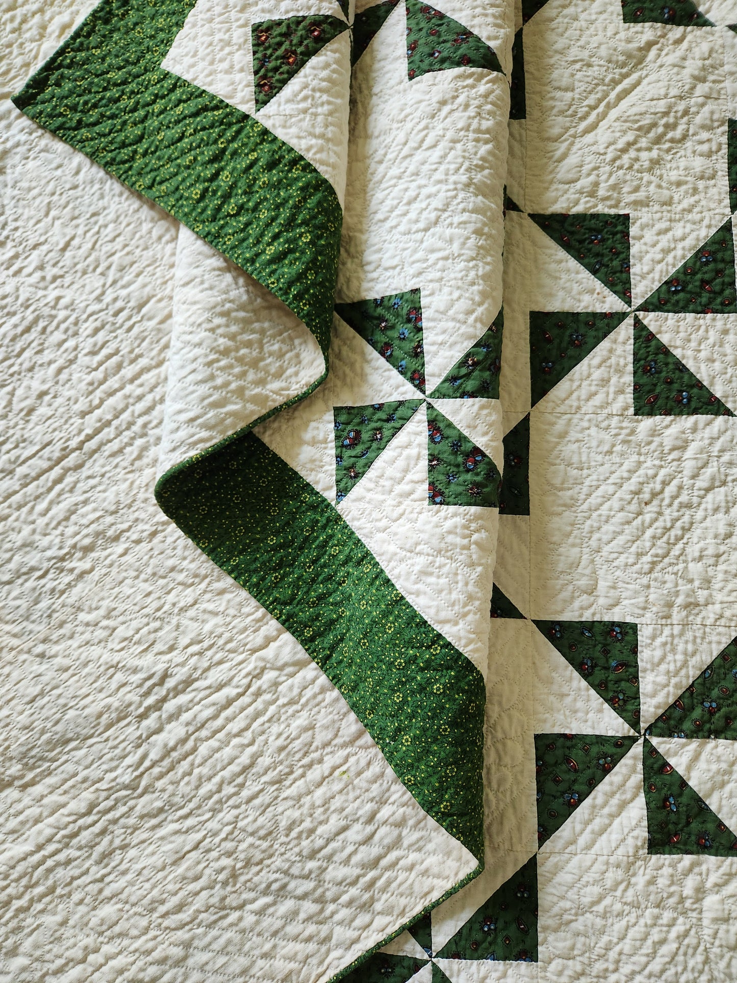 Antique Green & White Pinwheel Quilt c1840