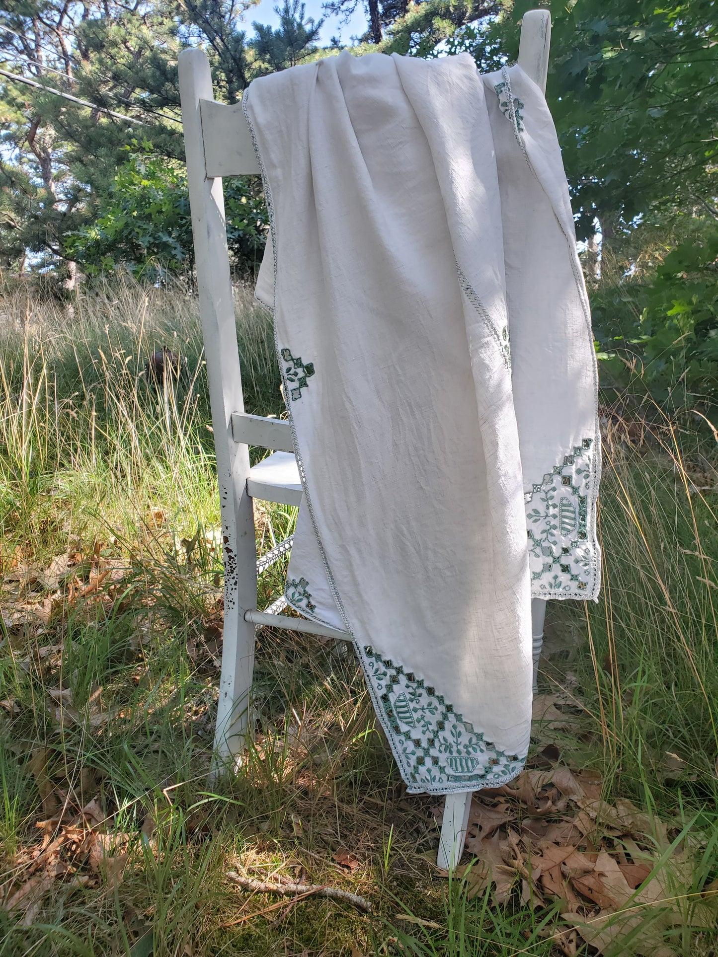 Green Embroidered Vintage Linen Tablecloth