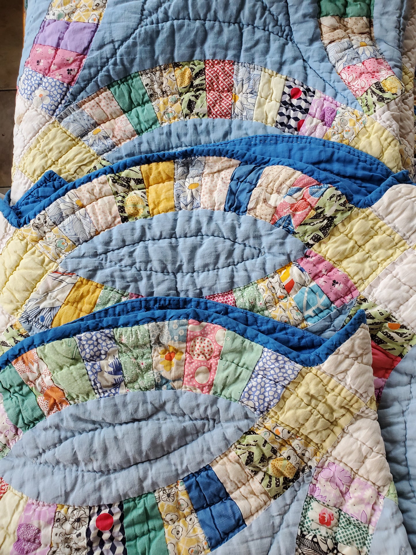 Vintage Blue and Feed Sack Wedding Rings Quilt, ca 1930