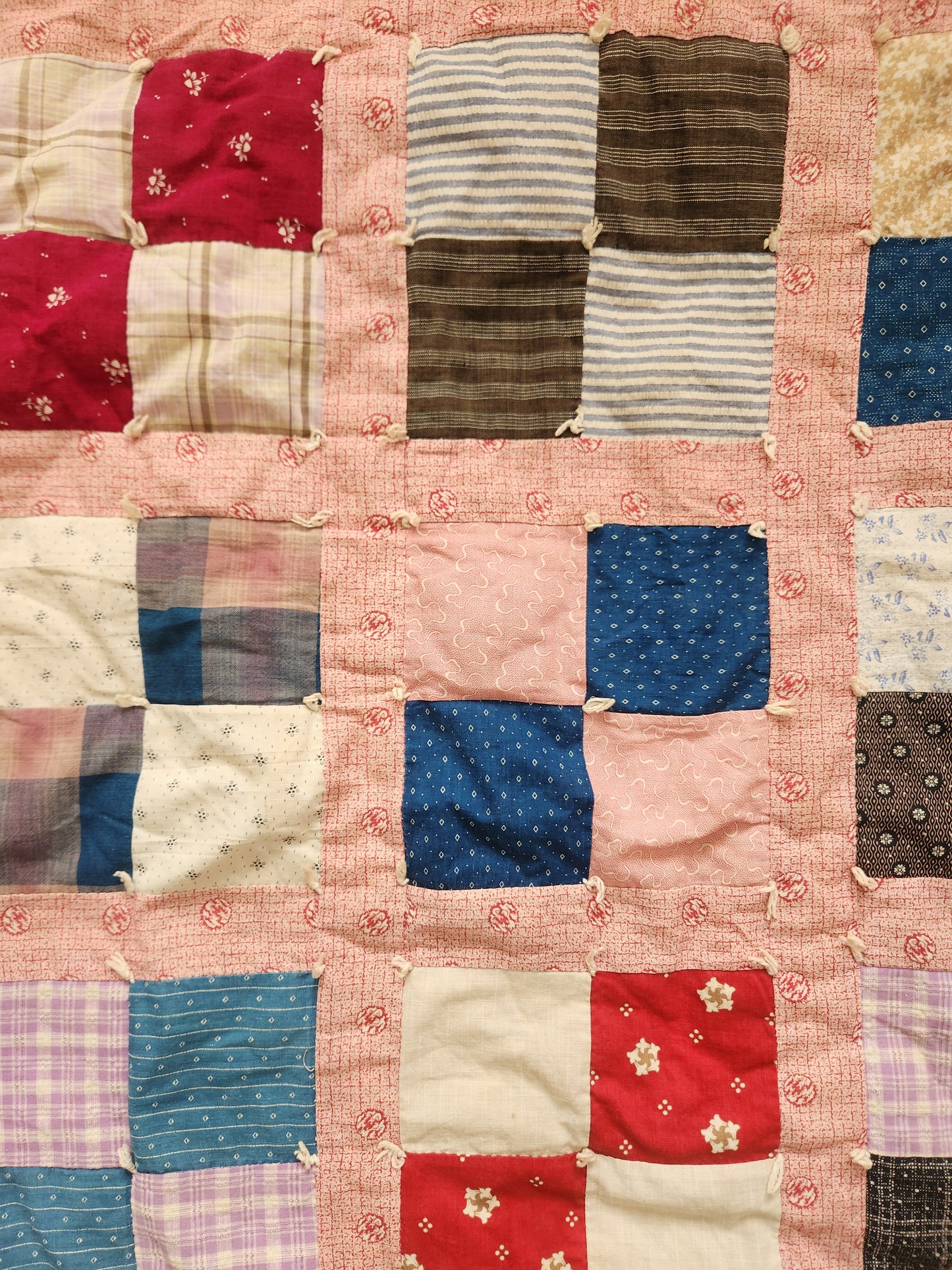Vintage Four Patch Hand Tied Comforter Quilt c1930