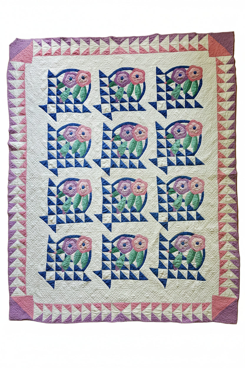 Rose Basket Quilt with Flying Geese Border c1940