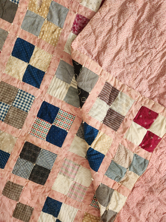 Vintage Four Patch Hand Tied Comforter Quilt c1930