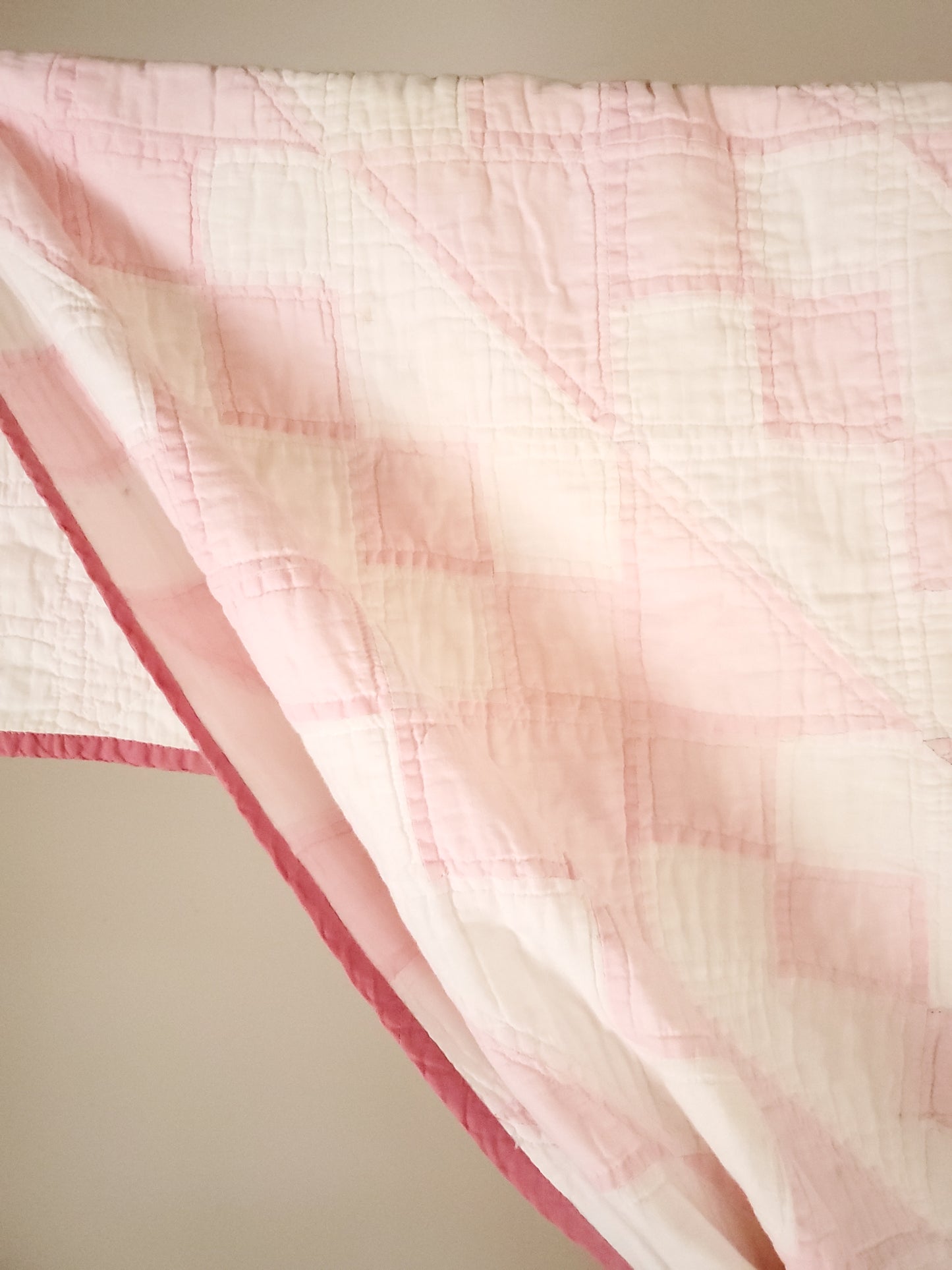 Pink and White Jacob's Ladder Vintage Quilt, ca 1950