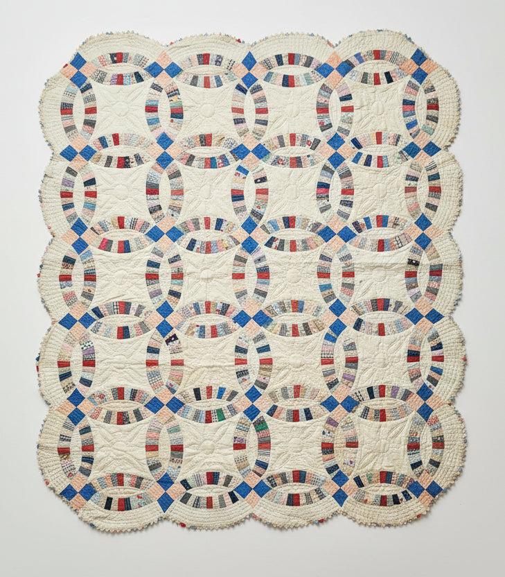 Vintage Double Wedding Ring Quilt with Prairie Points c1930