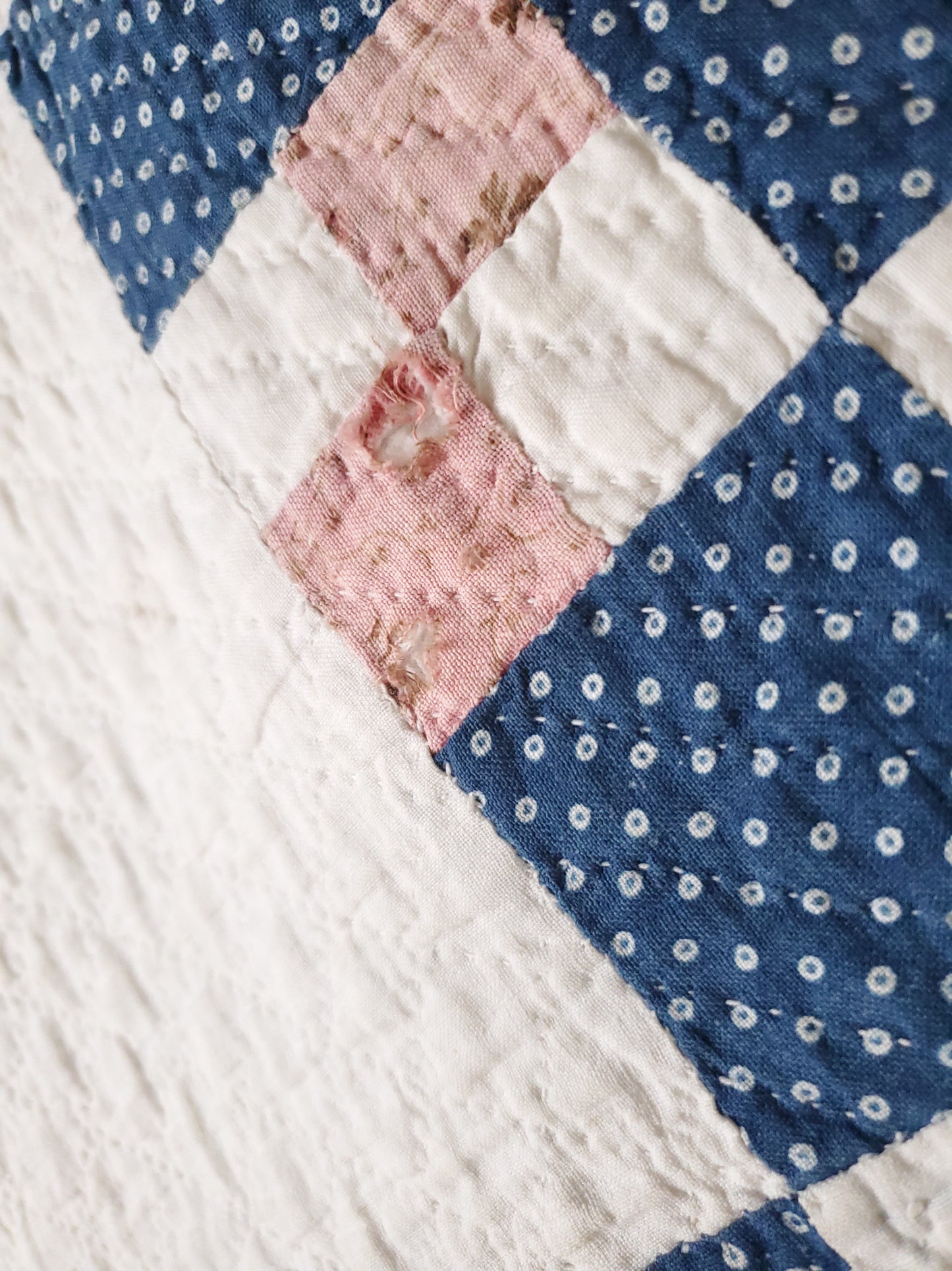 Gorgeous 19th Century Indigo & Pink Antique Quilt, Stamped Inscription