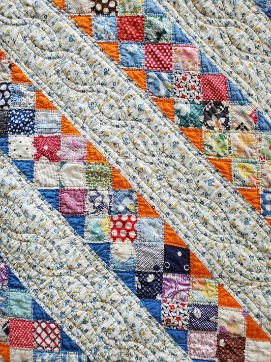 Vintage Feed Sack Diagonal Chain Quilt, ca 195