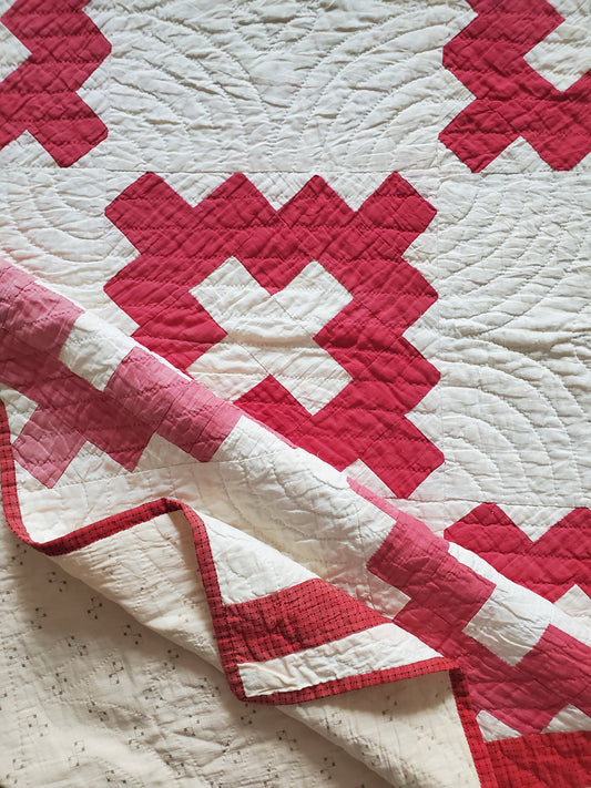 Antique Red & White Chimney Sweep Quilt, ca 1890