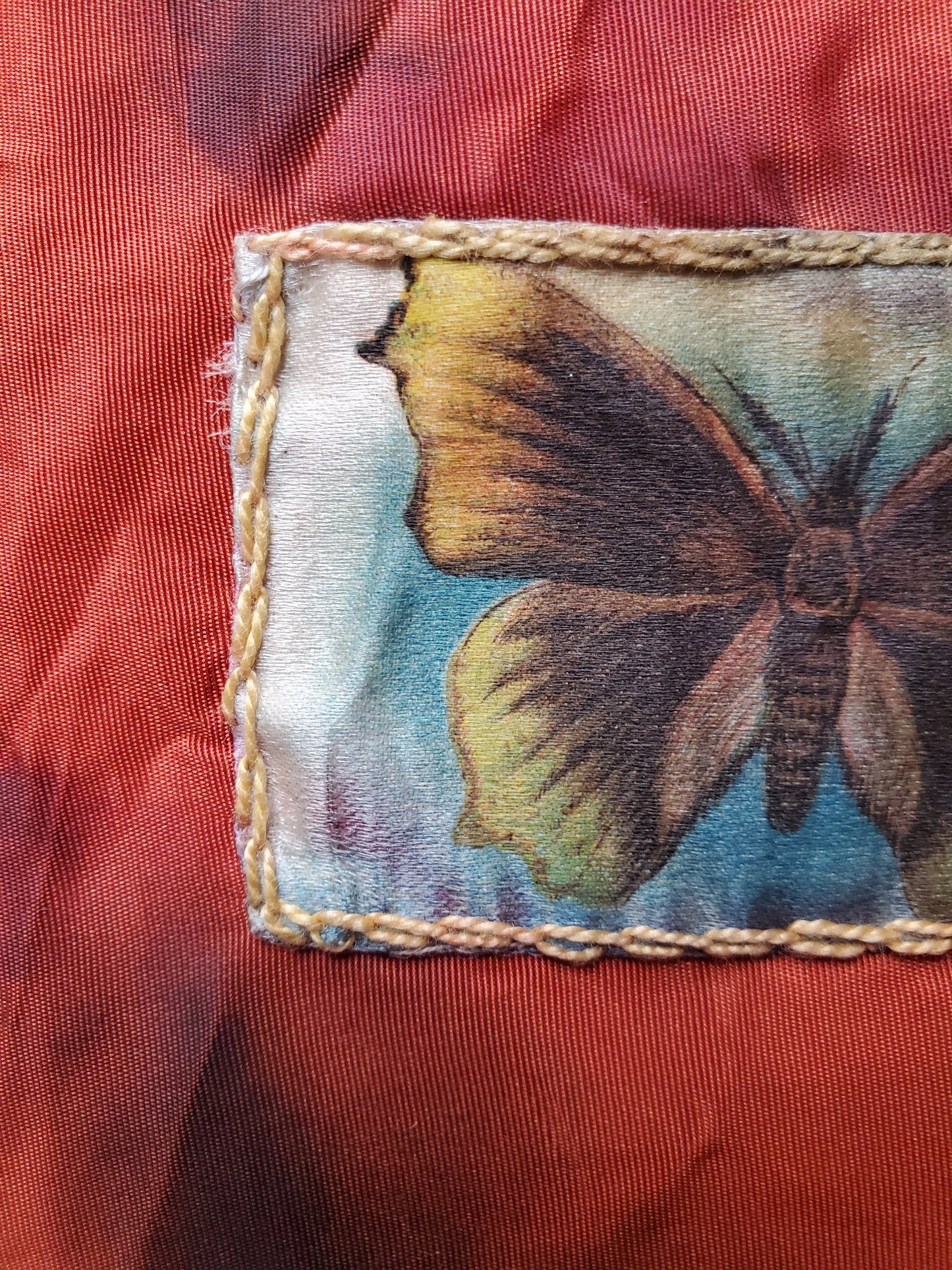 Small Antique Hand Stitched Butterfly Cigarette Silks Panel with Hand Embroidery