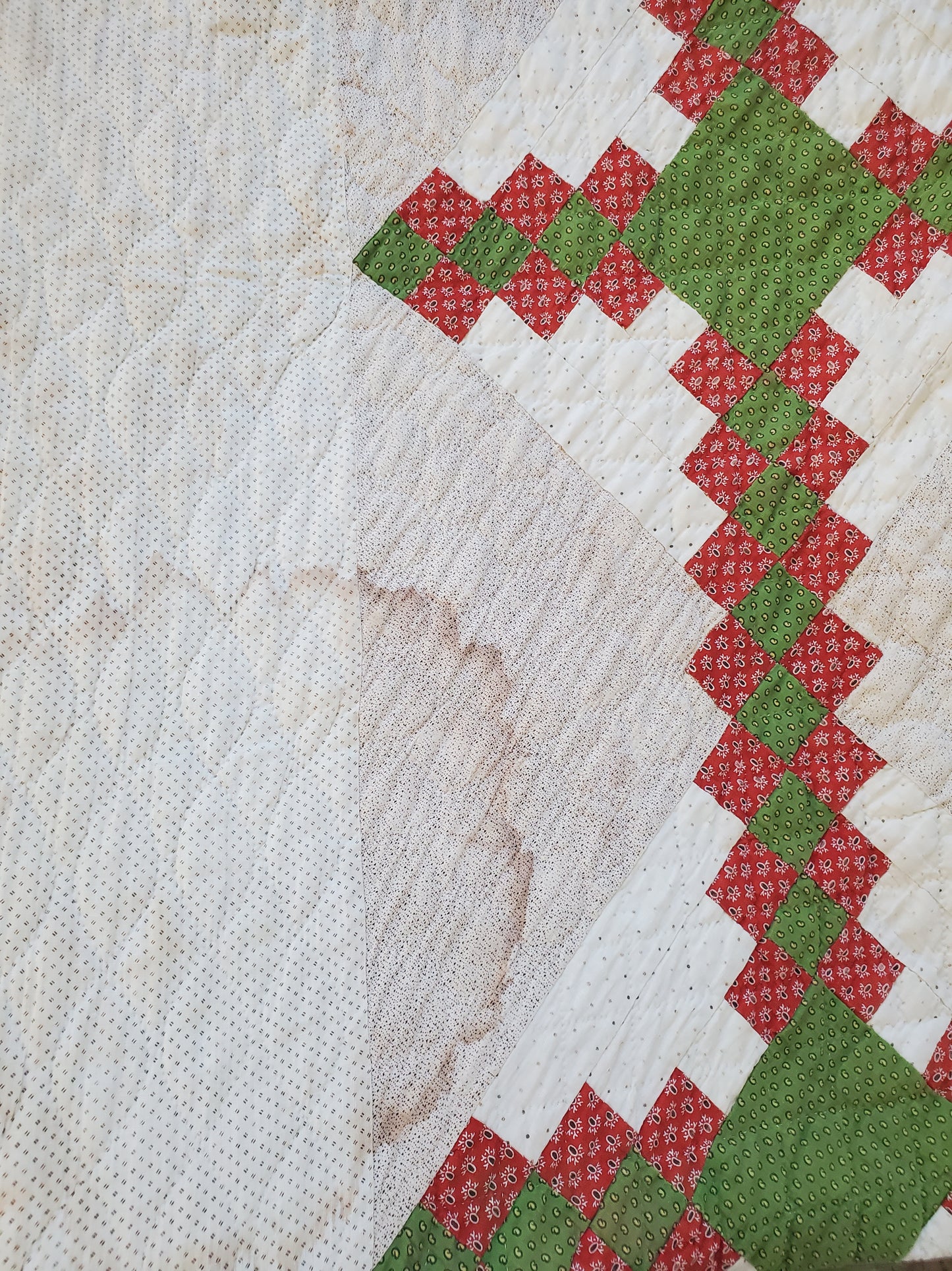 19th Century Red & Green Irish Chain Hand Pieced and Hand Quilted Antique Quilt