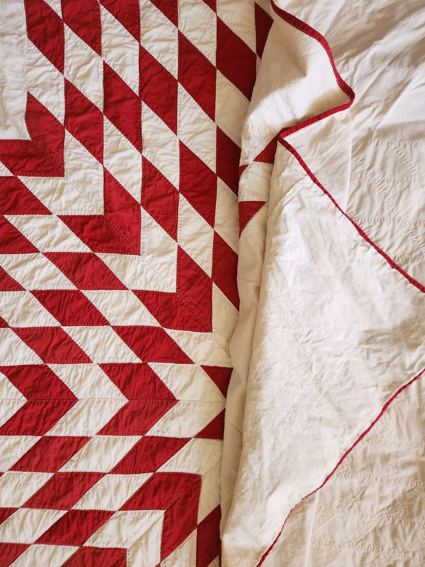Antique Red and White Lone Star Quilted Coverlet c1900