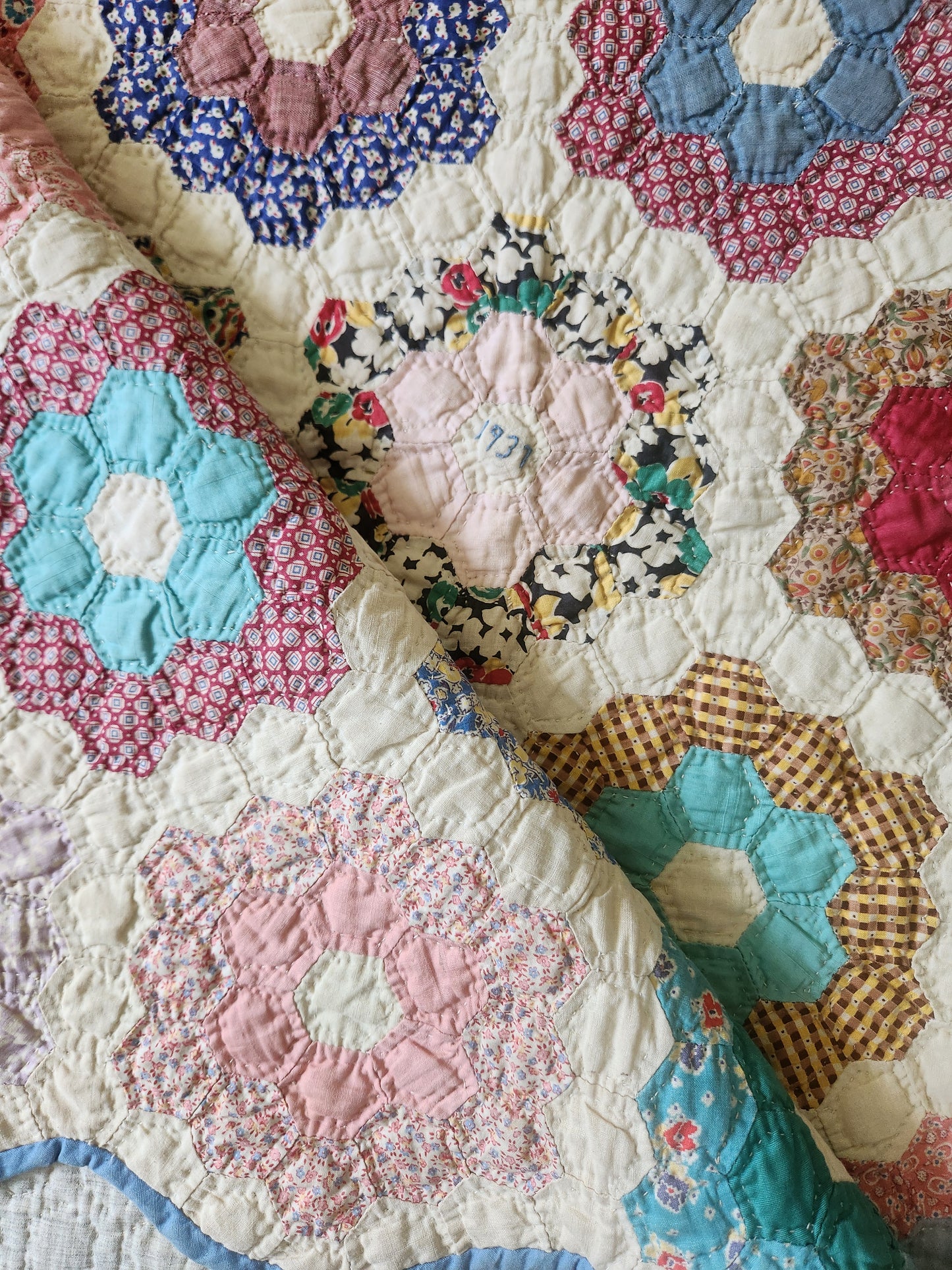 Grandmother's Flower Garden Quilt, dated 1937
