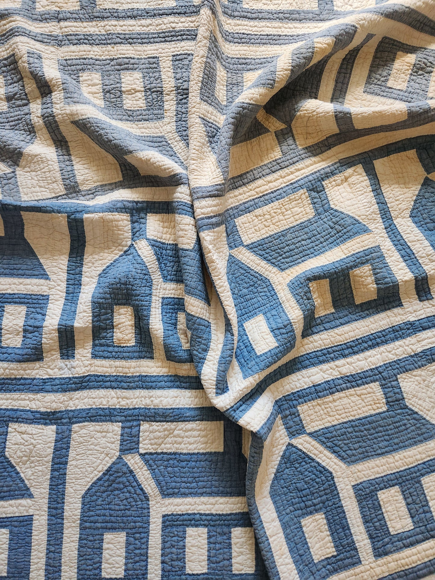 Antique Blue & White QAYG Schoolhouse Quilt c1900