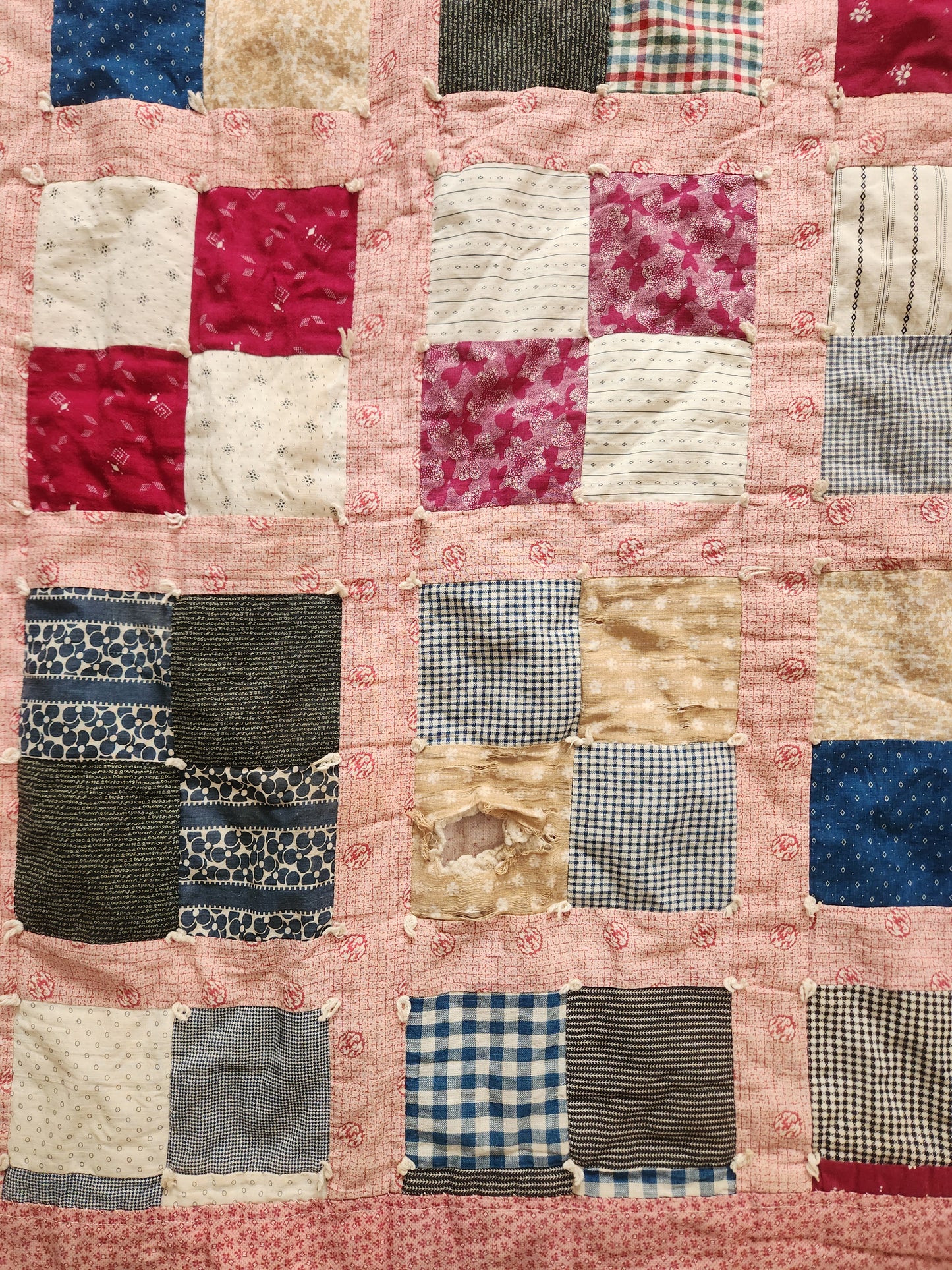 Vintage Four Patch Hand Tied Comforter Quilt c1930