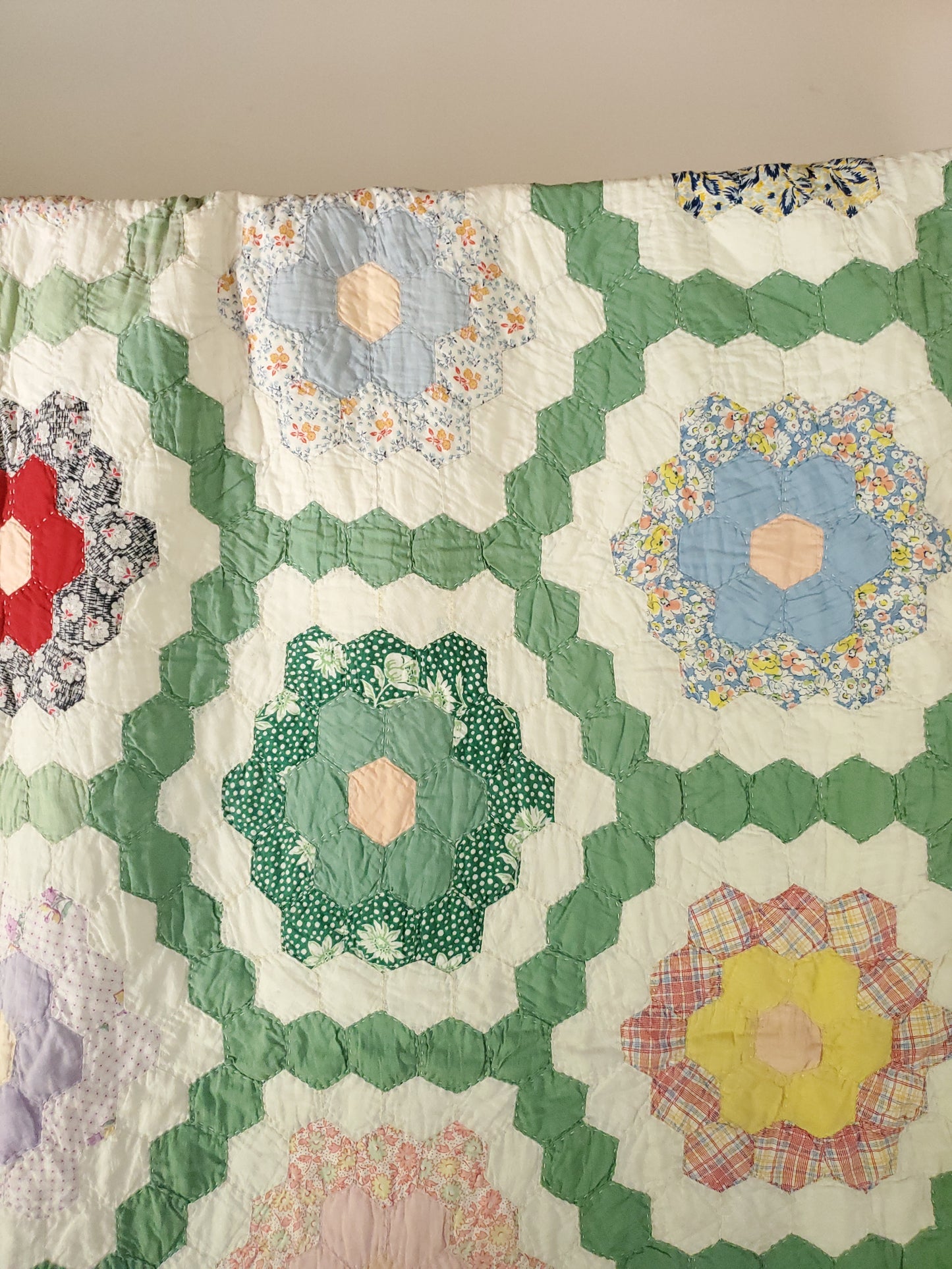 Green Garden Path Feed Sack Quilt, ca 1930