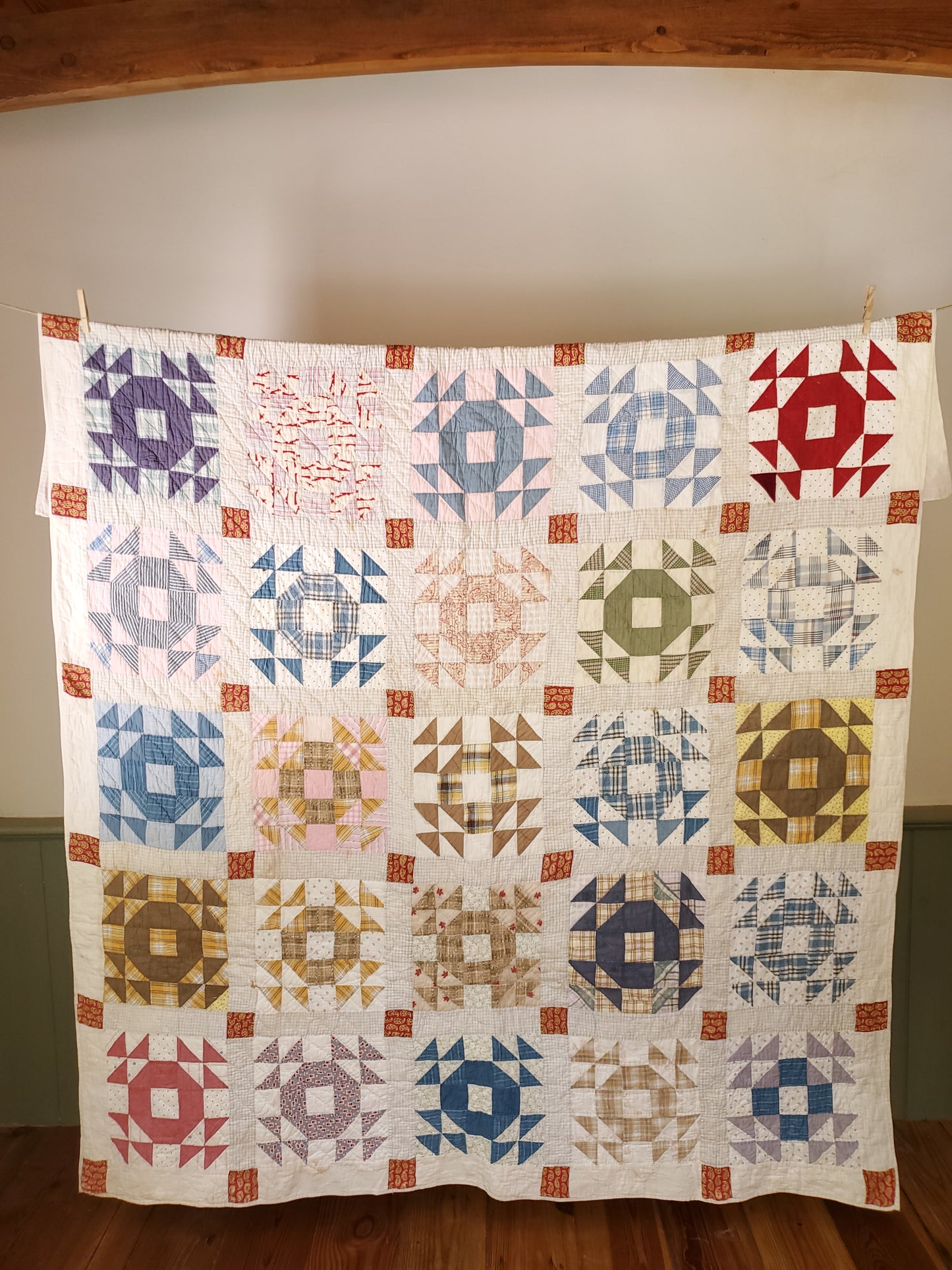 Vintage Shirting Crown of Thorns Quilt, ca 1920