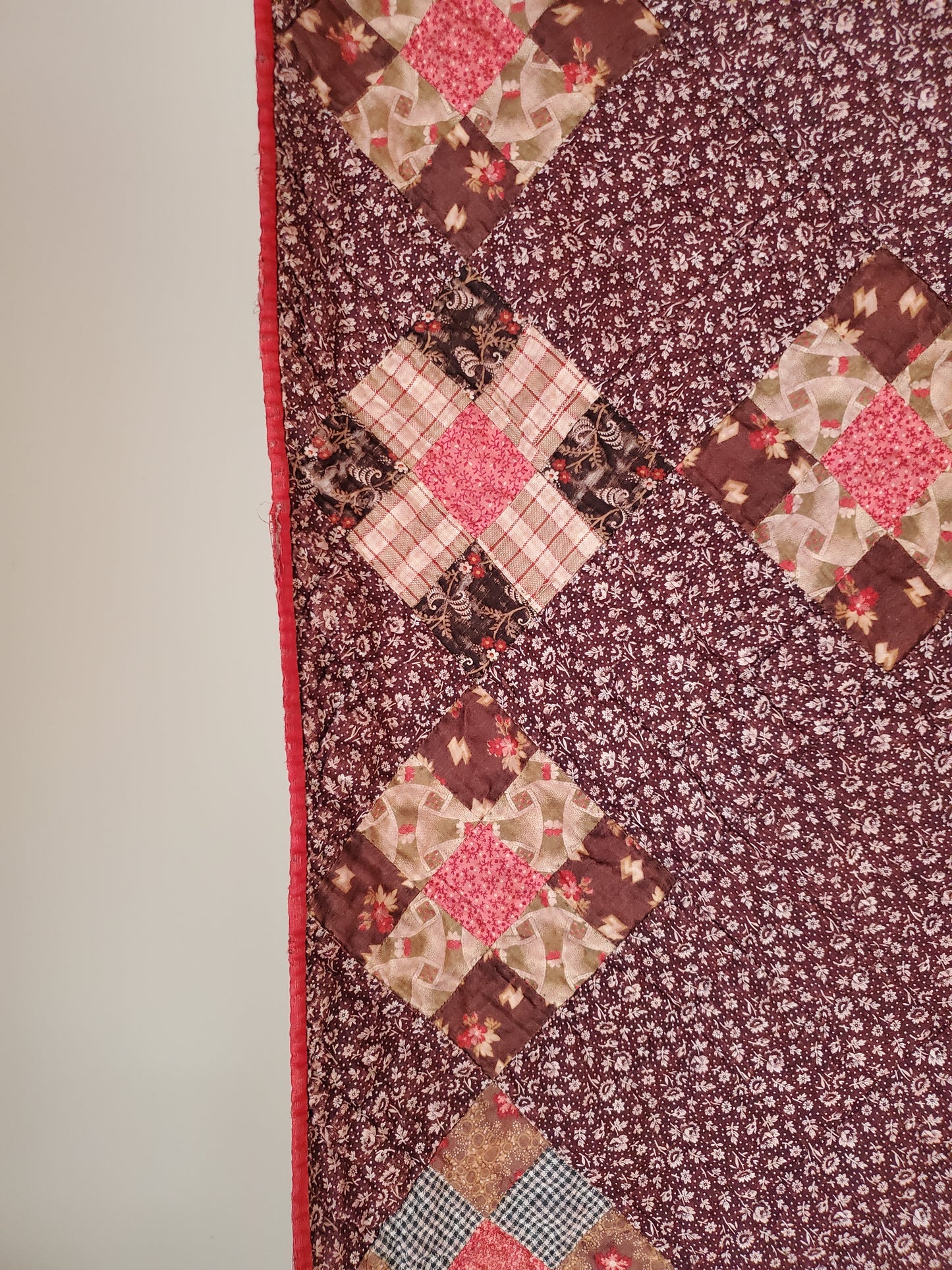 Antique Brown Calico 9 Patch Quilt, ca 1890