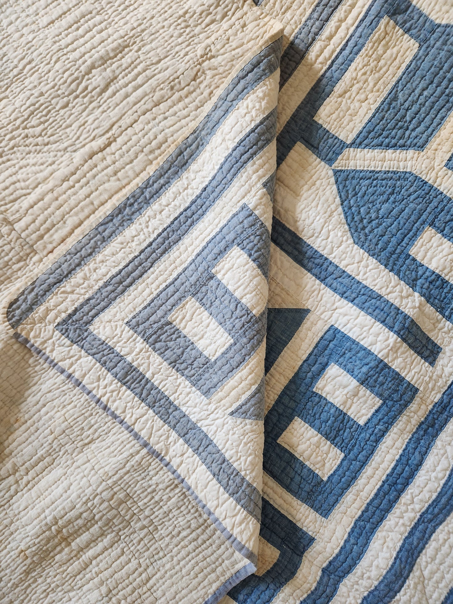 Antique Blue & White QAYG Schoolhouse Quilt c1900