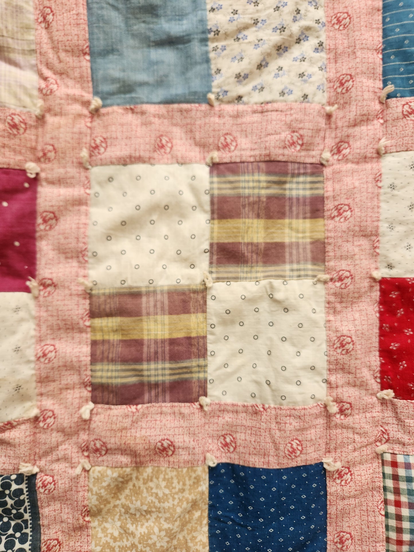 Vintage Four Patch Hand Tied Comforter Quilt c1930