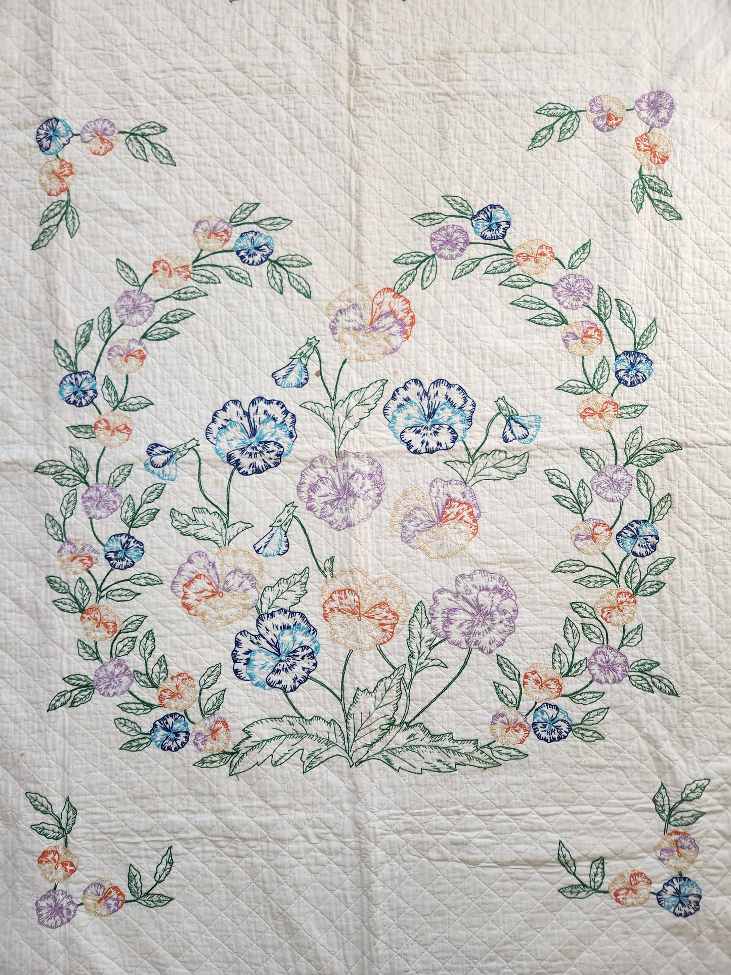 Vintage Pansy Embroidered Quilt c1940