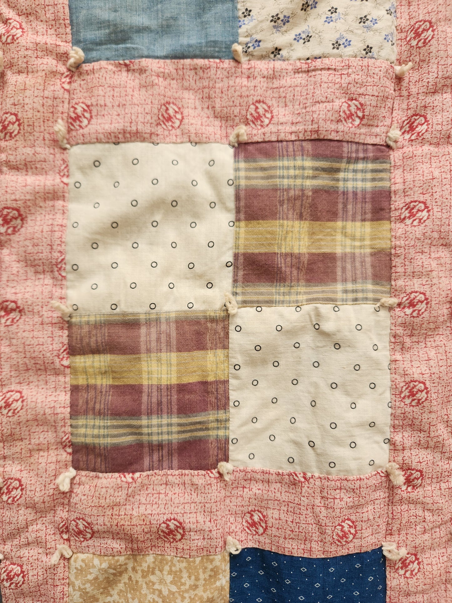 Vintage Four Patch Hand Tied Comforter Quilt c1930