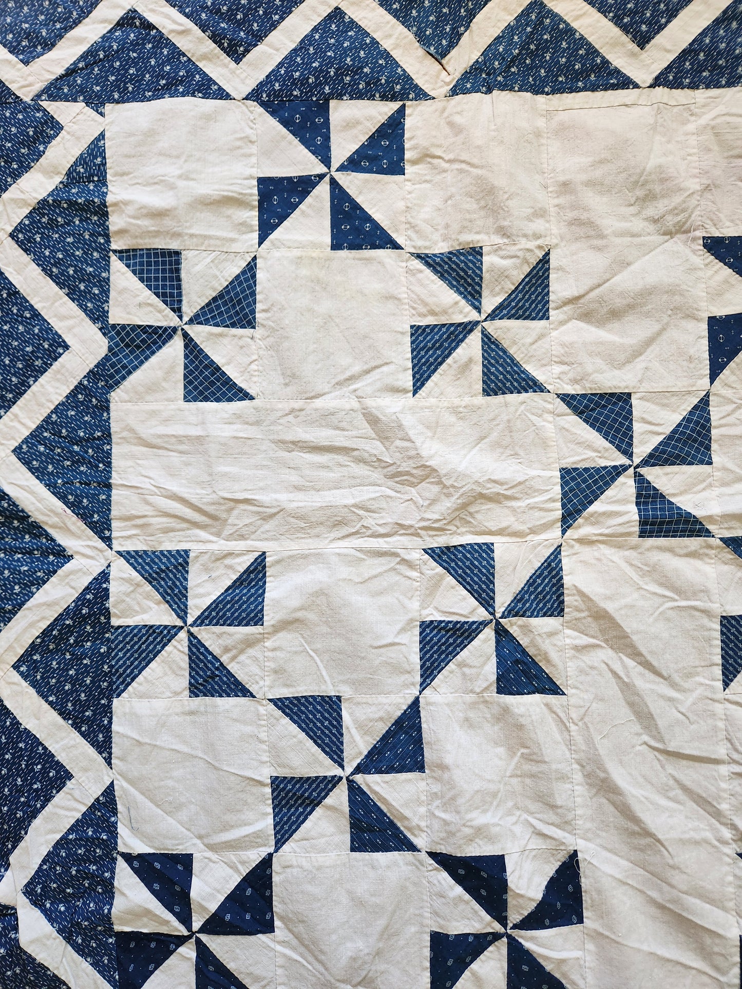 Antique Blue & White Pinwheel Quilt Top c1900