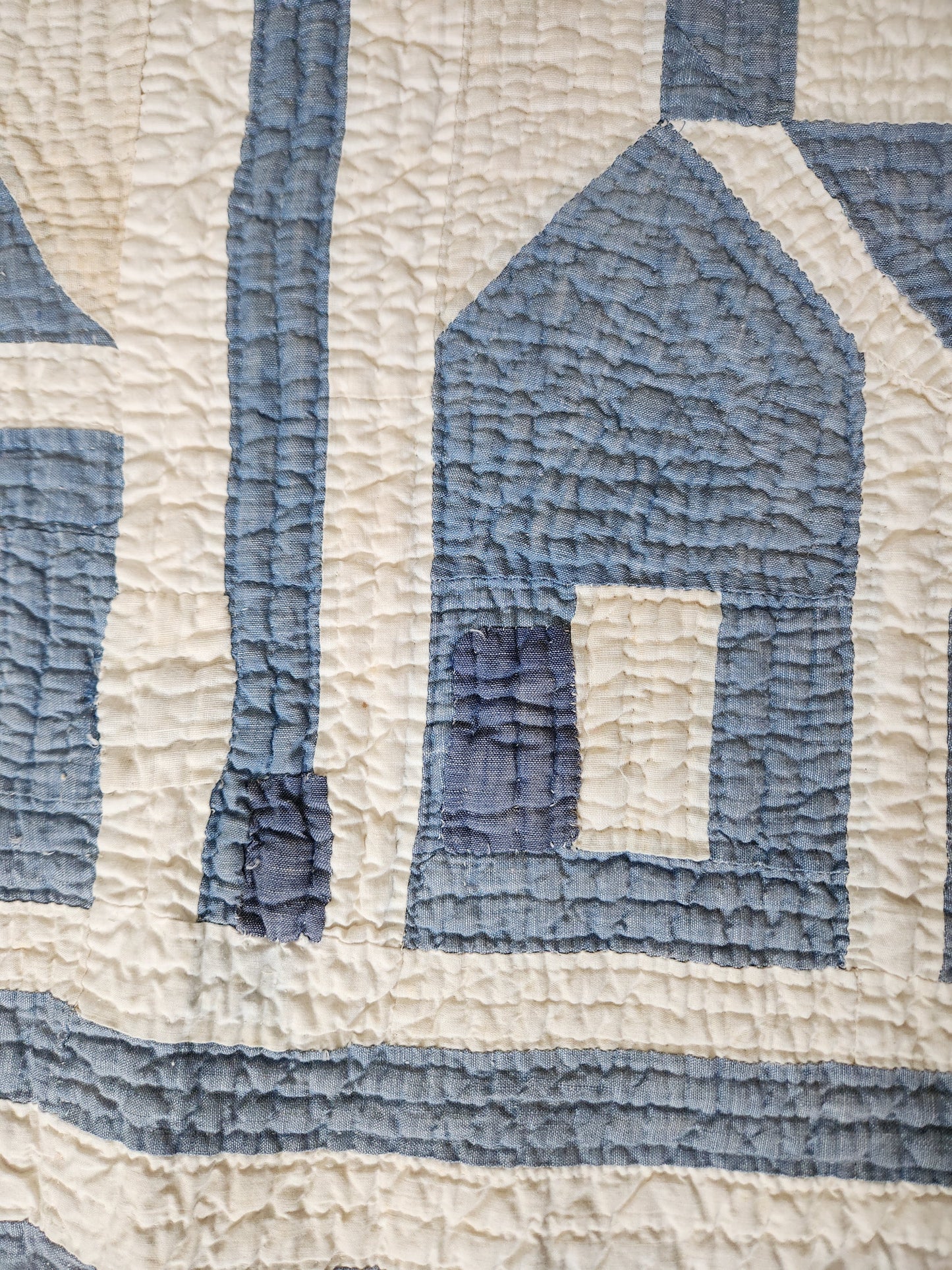 Antique Blue & White QAYG Schoolhouse Quilt c1900