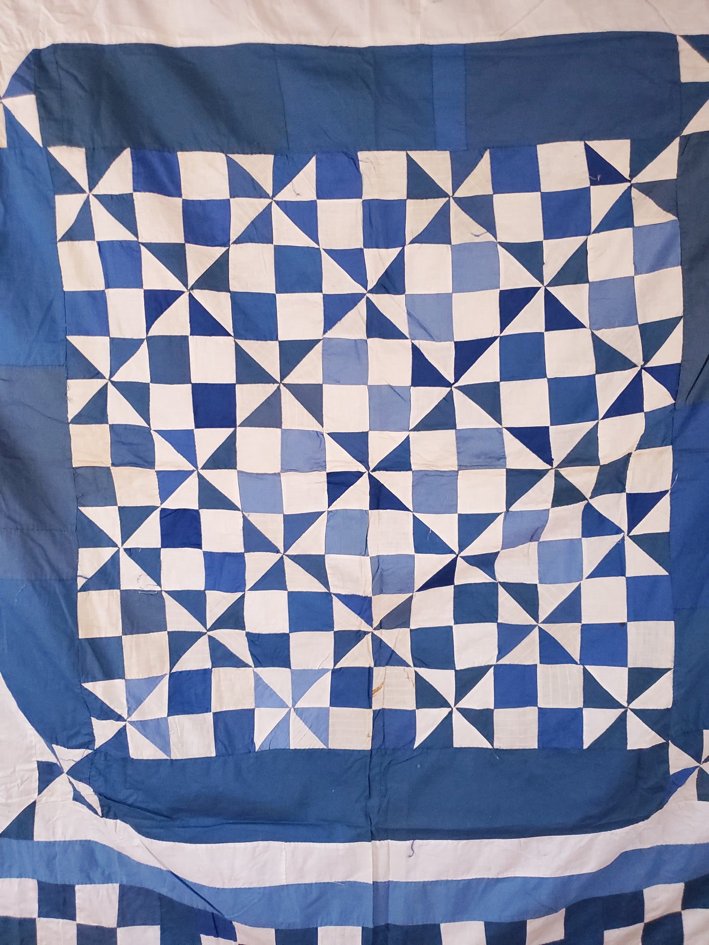 Vintage Blue & White Patchwork Pinwheel Quilt Top, ca 1930