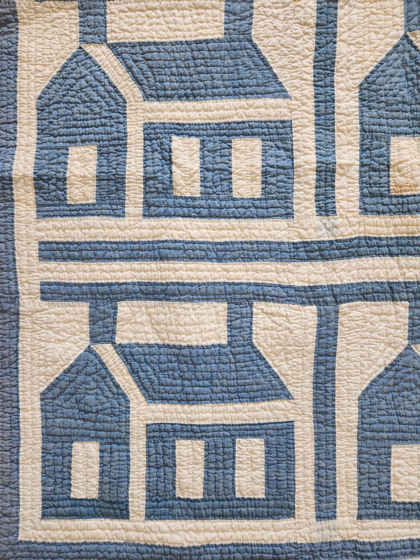 Antique Blue & White QAYG Schoolhouse Quilt c1900