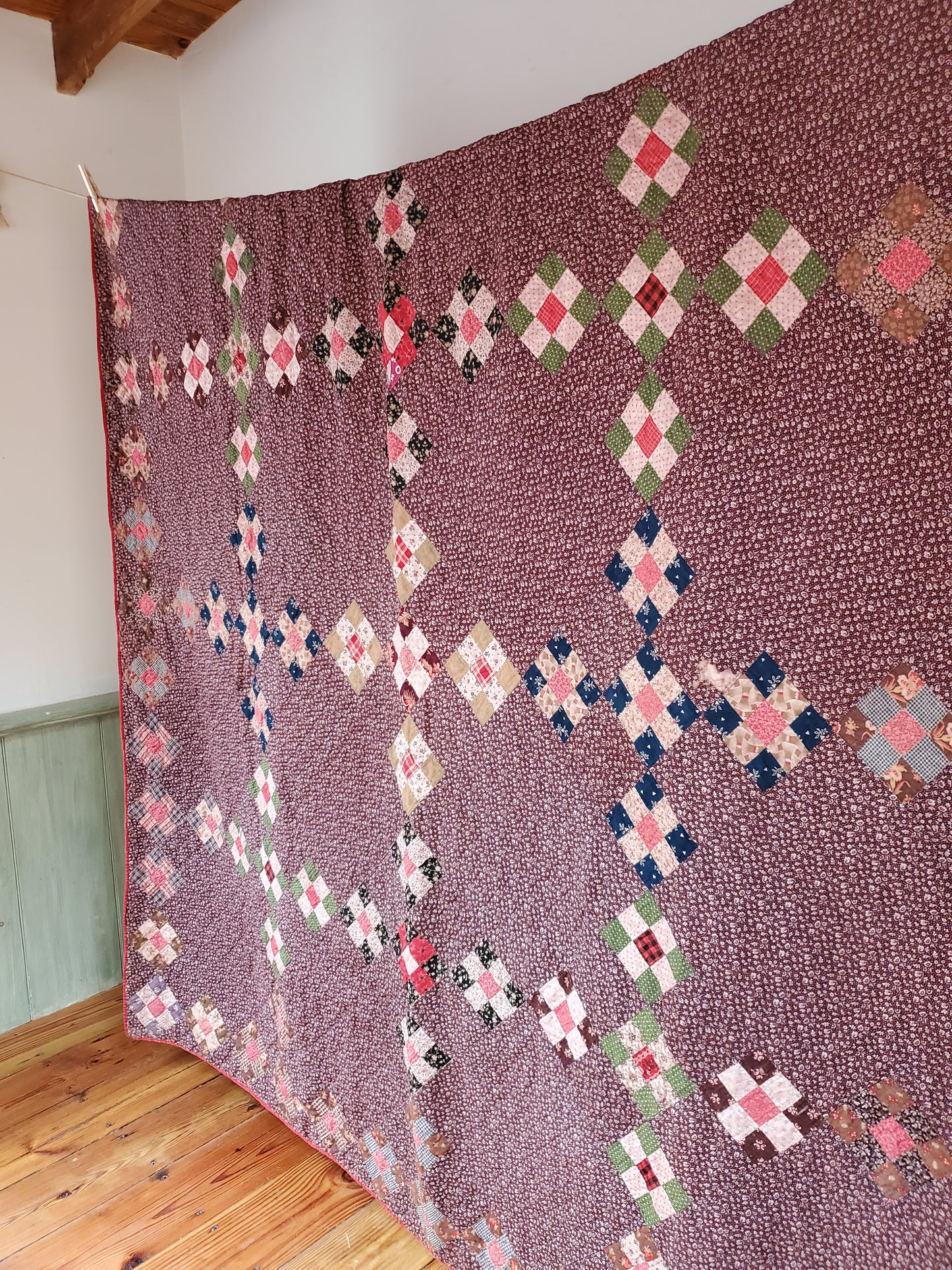 Antique Brown Calico 9 Patch Quilt, ca 1890