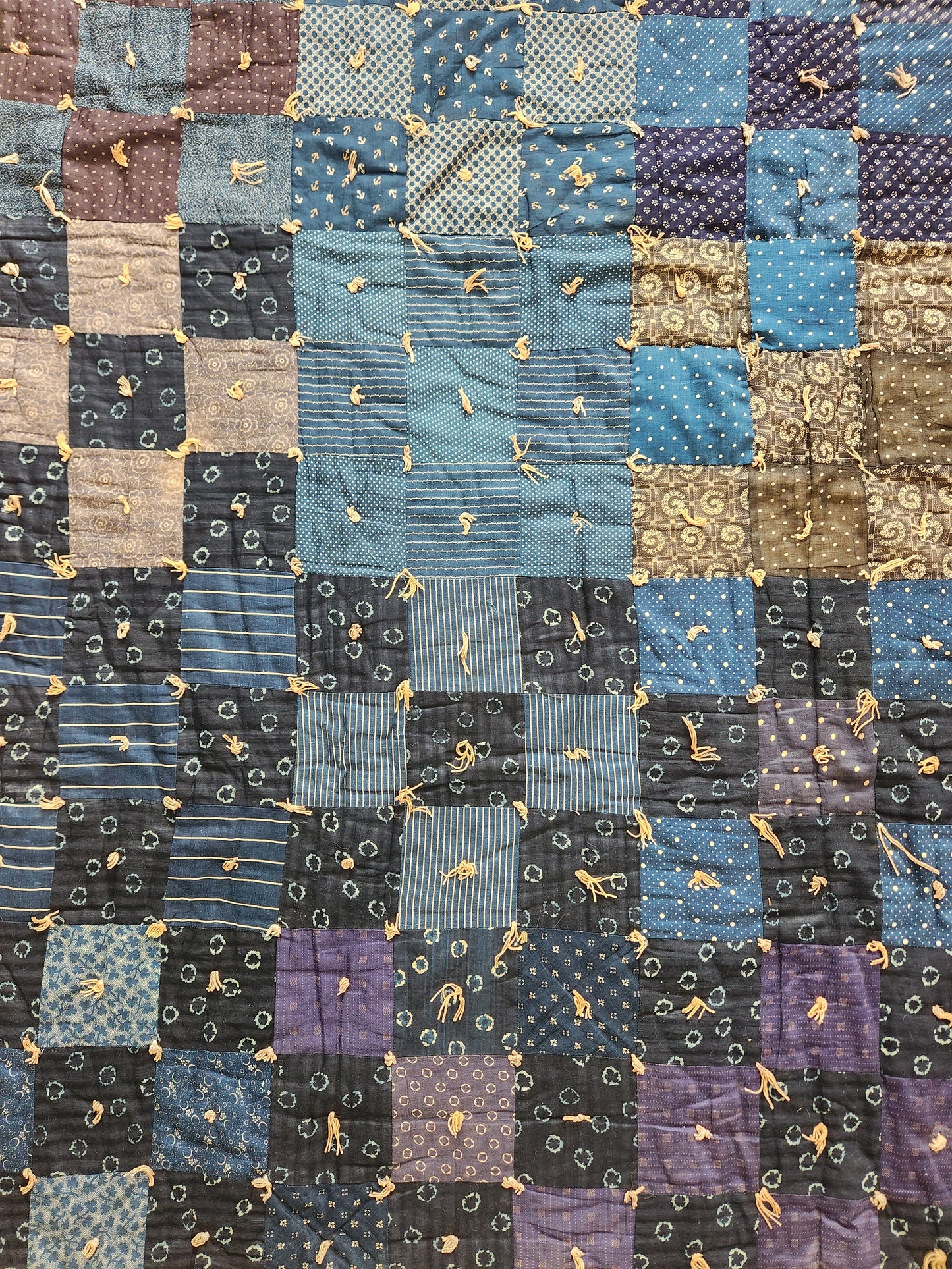 Antique Hand Tied Indigo Blue Patchwork Comforter Quilt