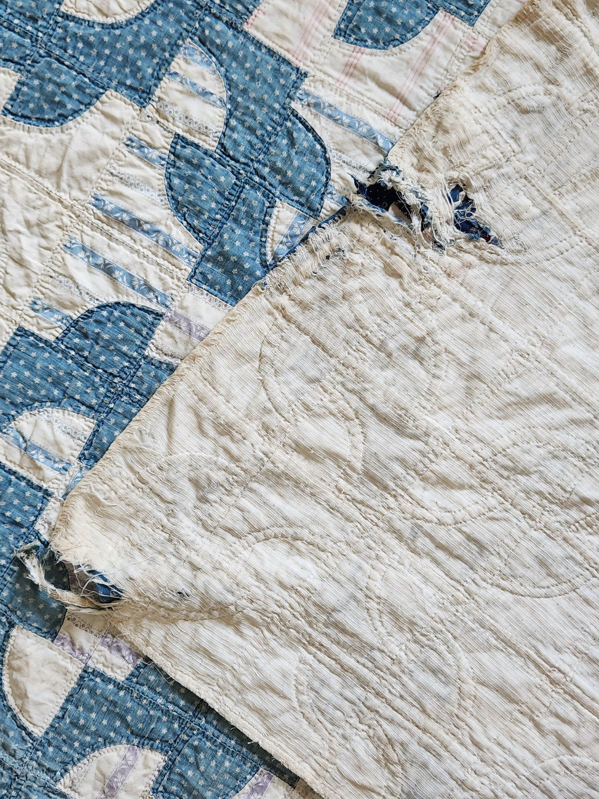 Antique Blue & White Drunkard's Path Quilt c1920