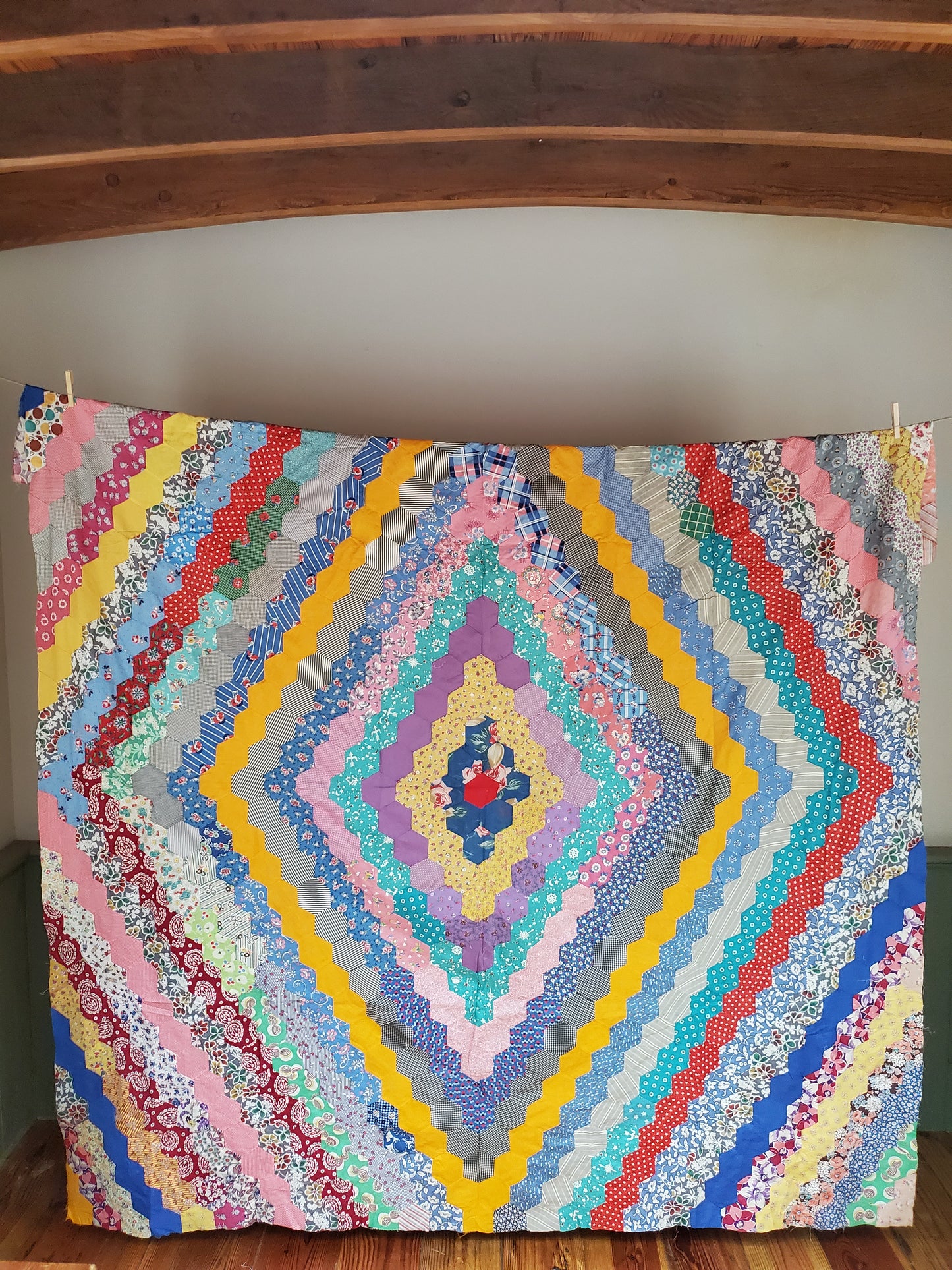 Vintage Diamond Hexagon Flower Quilt Top, ca 1930