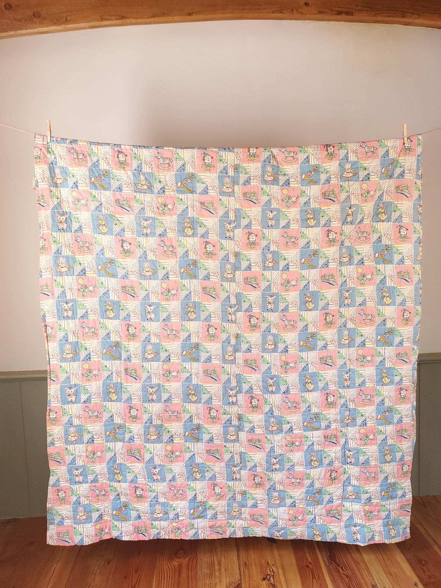 Vintage Feed Sack Bunny Quilt, ca 1950