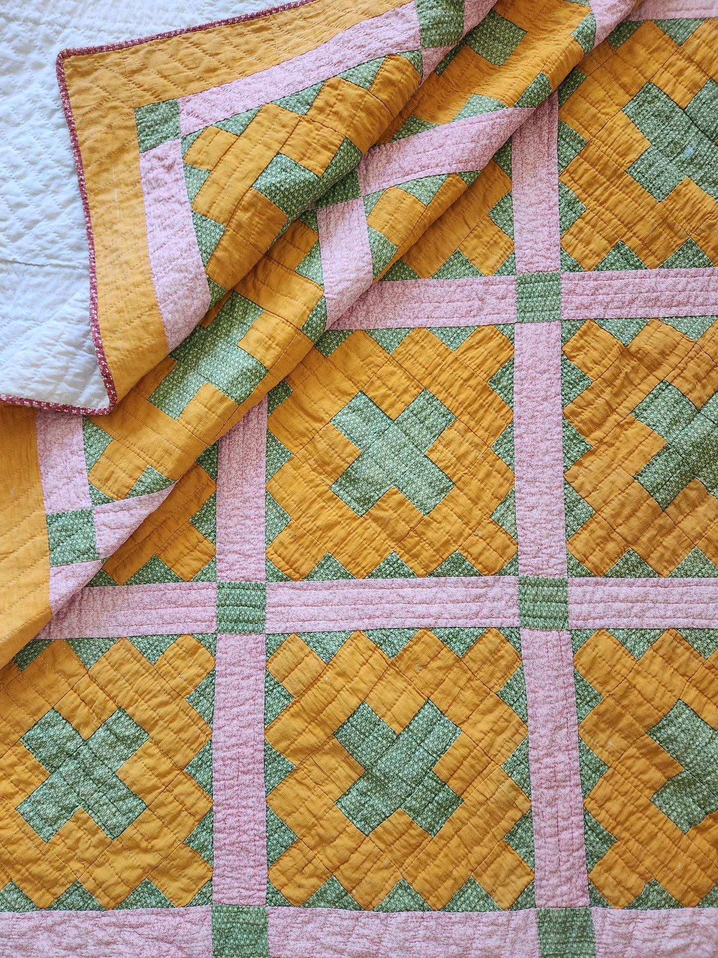 19th Century Pink, Chrome Orange, & Green Chimney Sweep Quilt