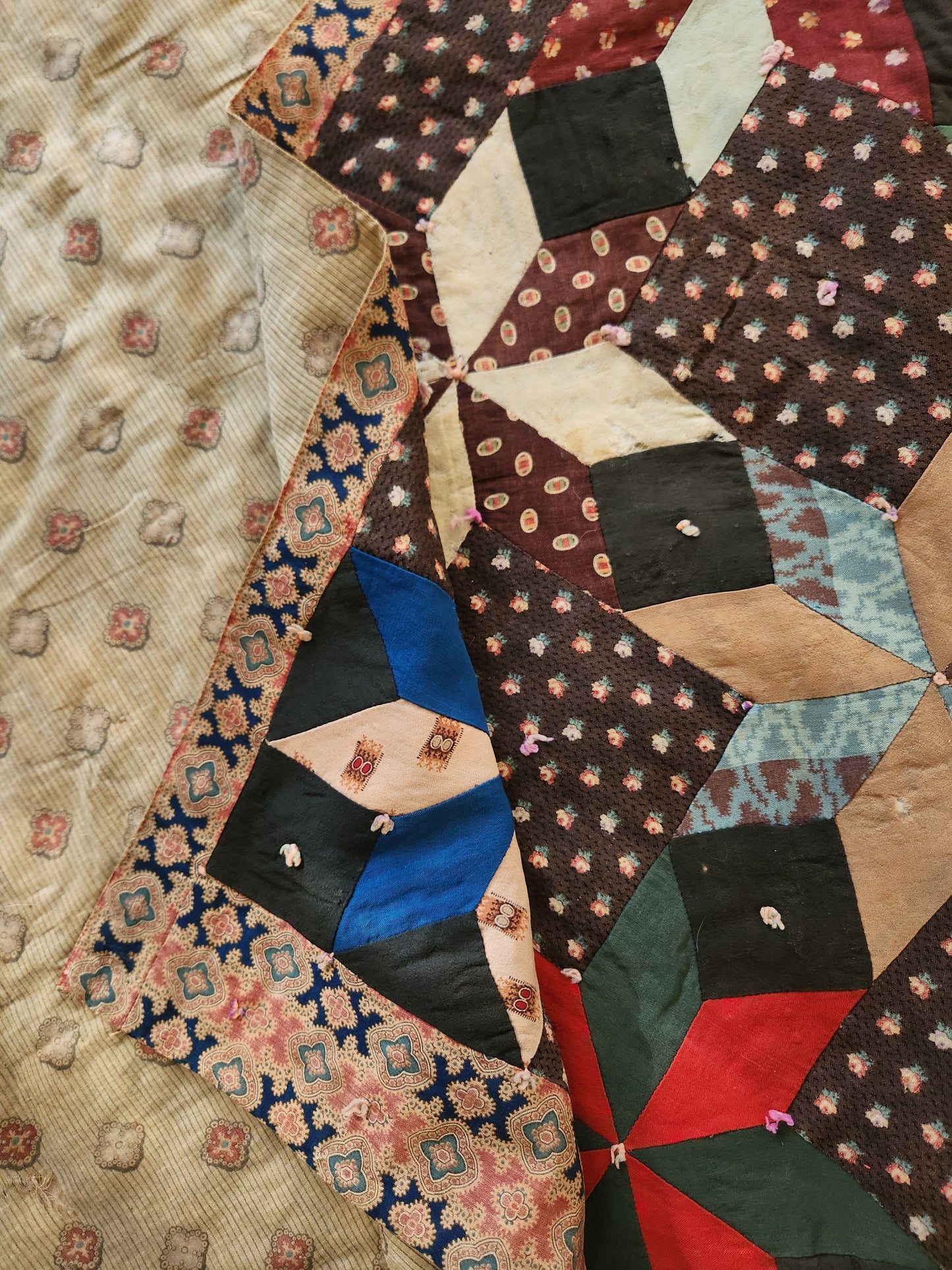 Antique 19th Century Woolen Crib Quilt Hand Tied Touching Stars