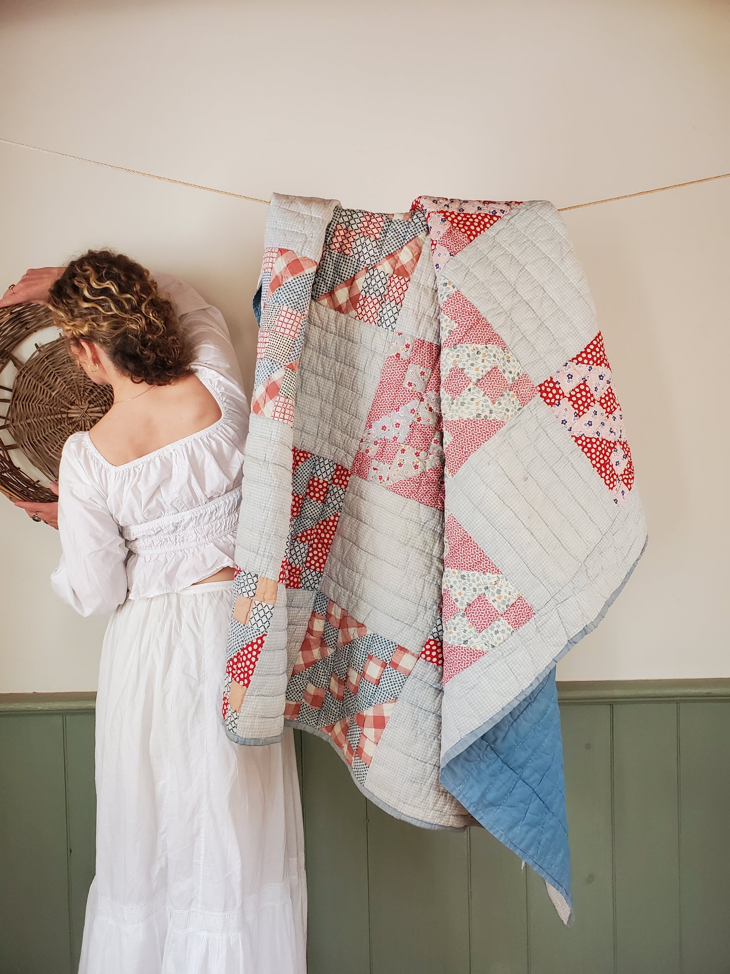 Red, White and Blue Gingham Vintage Quilt, ca 1930