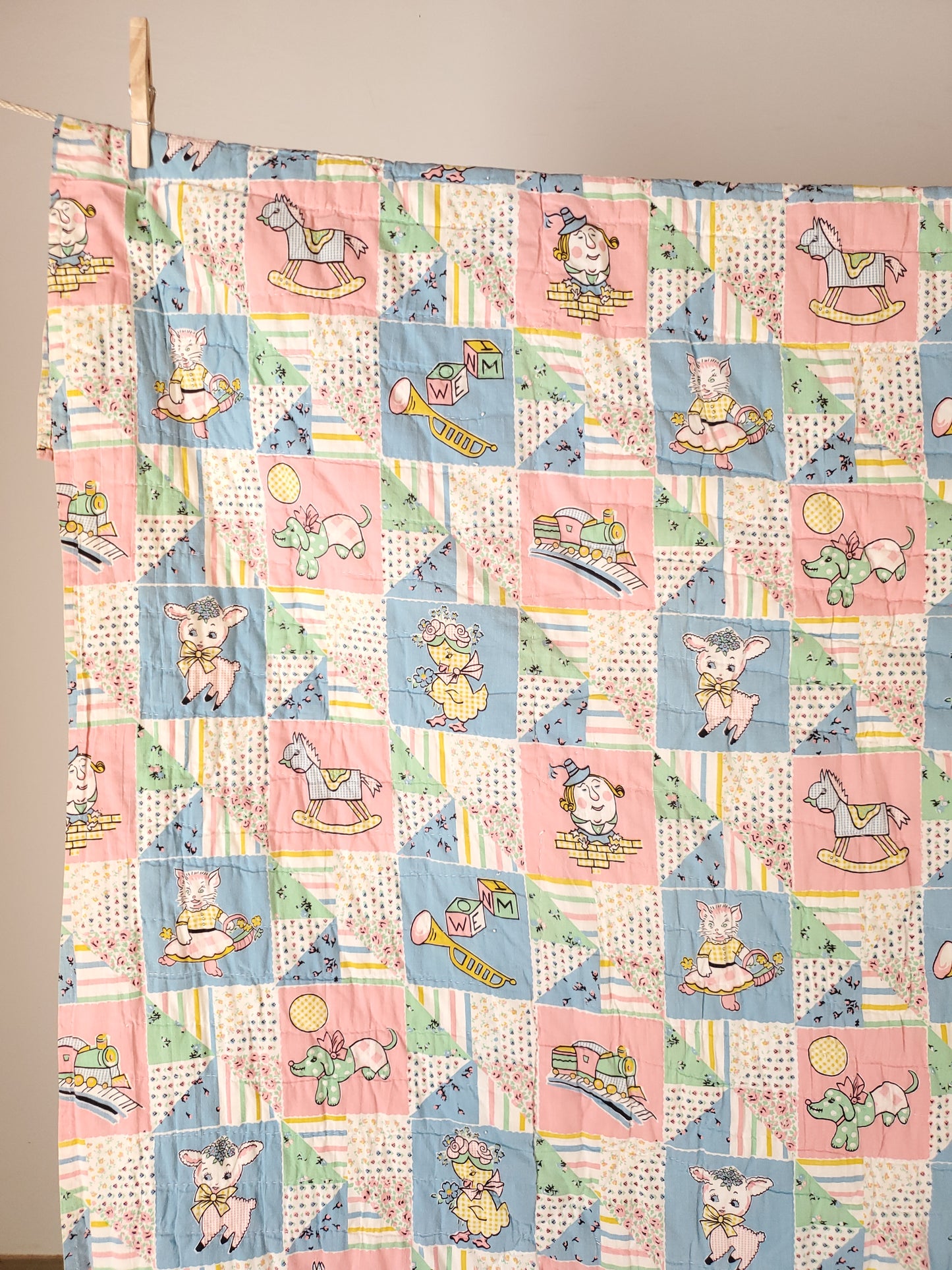 Vintage Feed Sack Bunny Quilt, ca 1950