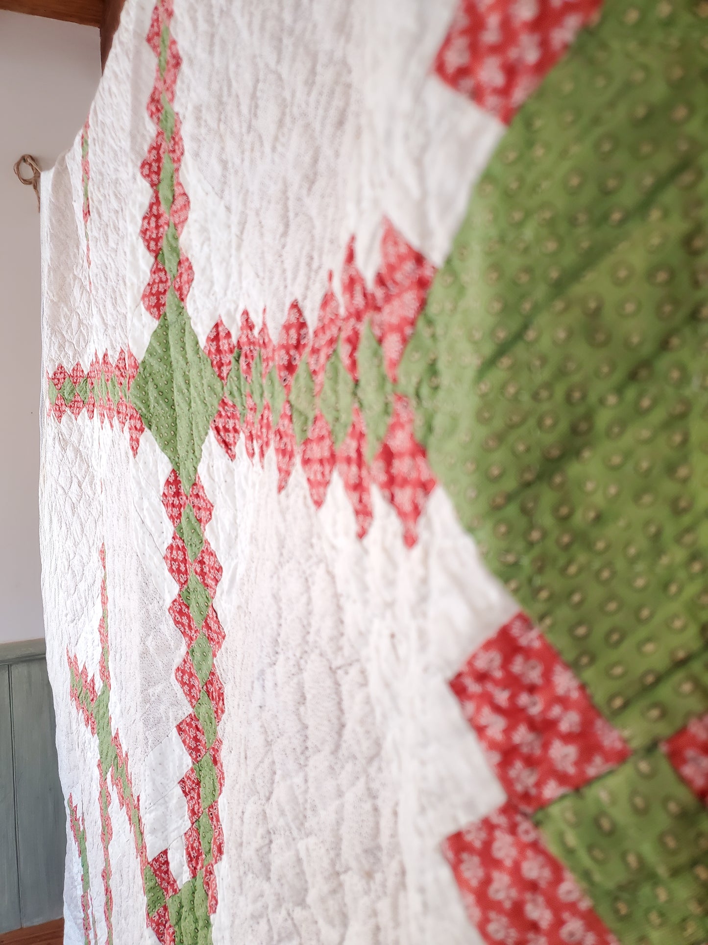 19th Century Red & Green Irish Chain Hand Pieced and Hand Quilted Antique Quilt