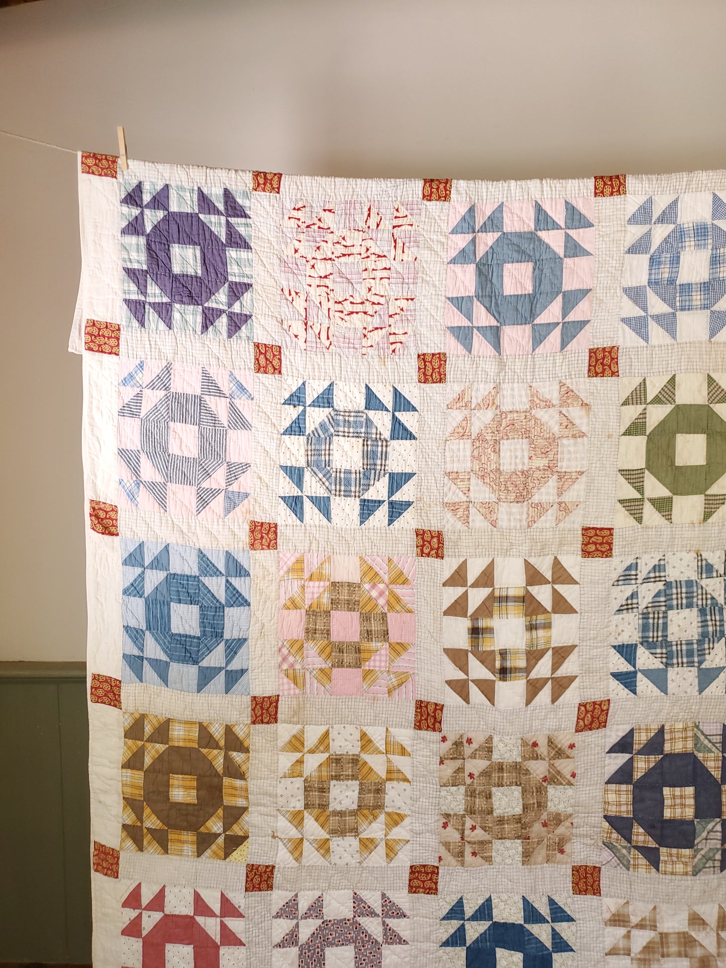 Vintage Shirting Crown of Thorns Quilt, ca 1920