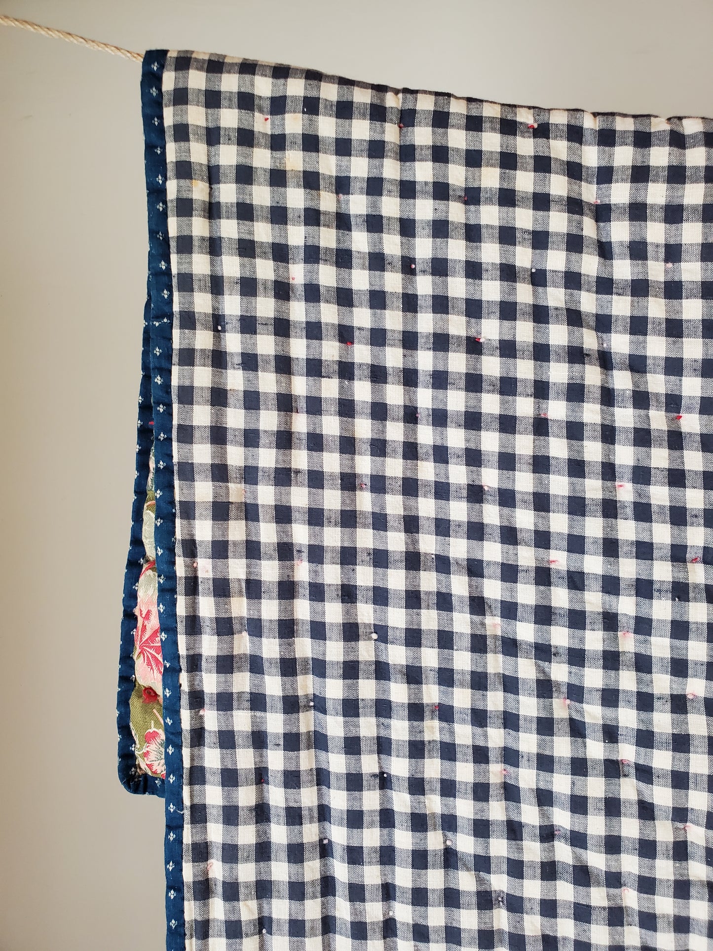 Antique Whole Cloth Geranium and Gingham Hand Tied Quilt