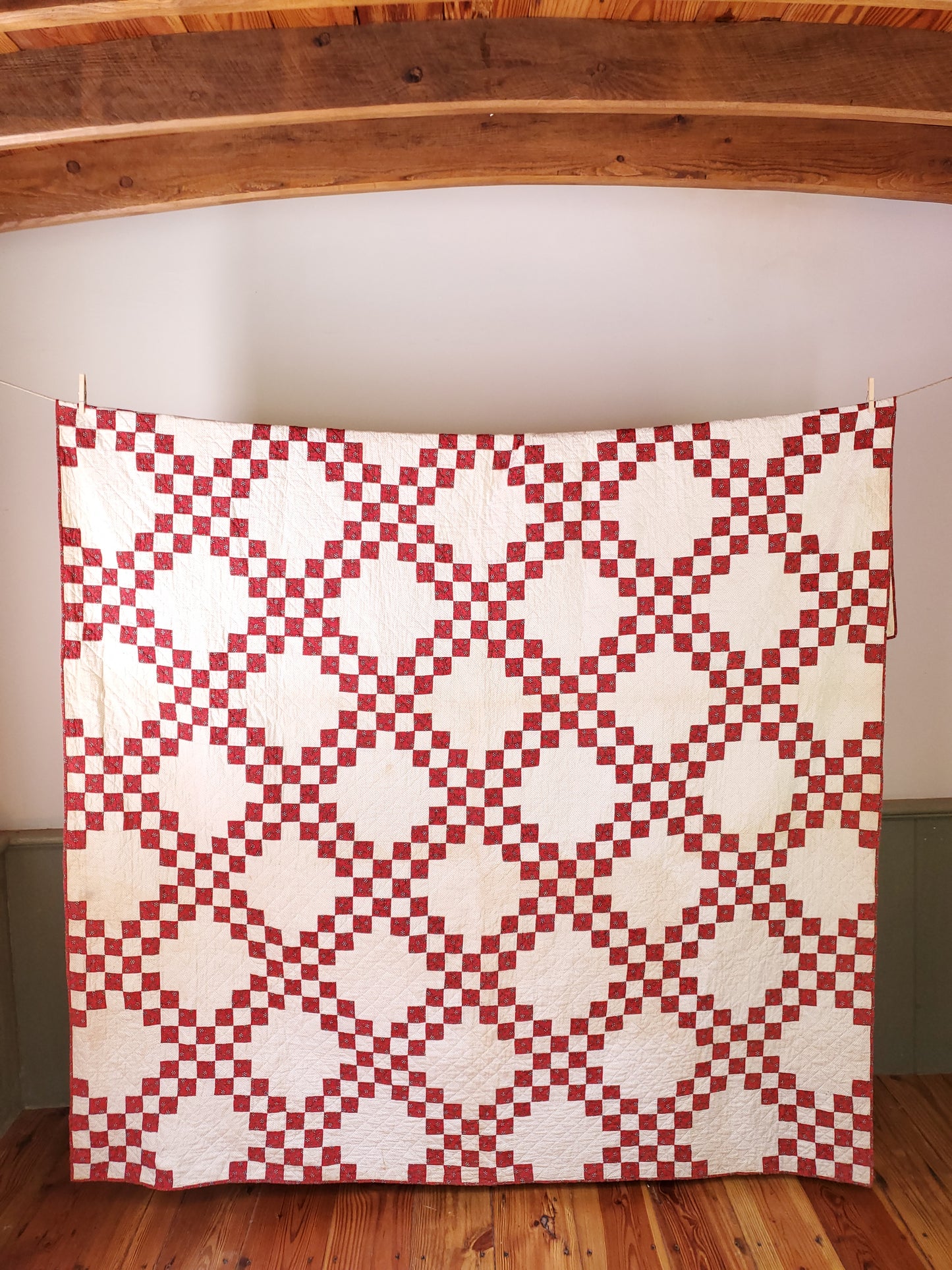 Antique Red and White Double Irish Chain Quilt, ca 1900