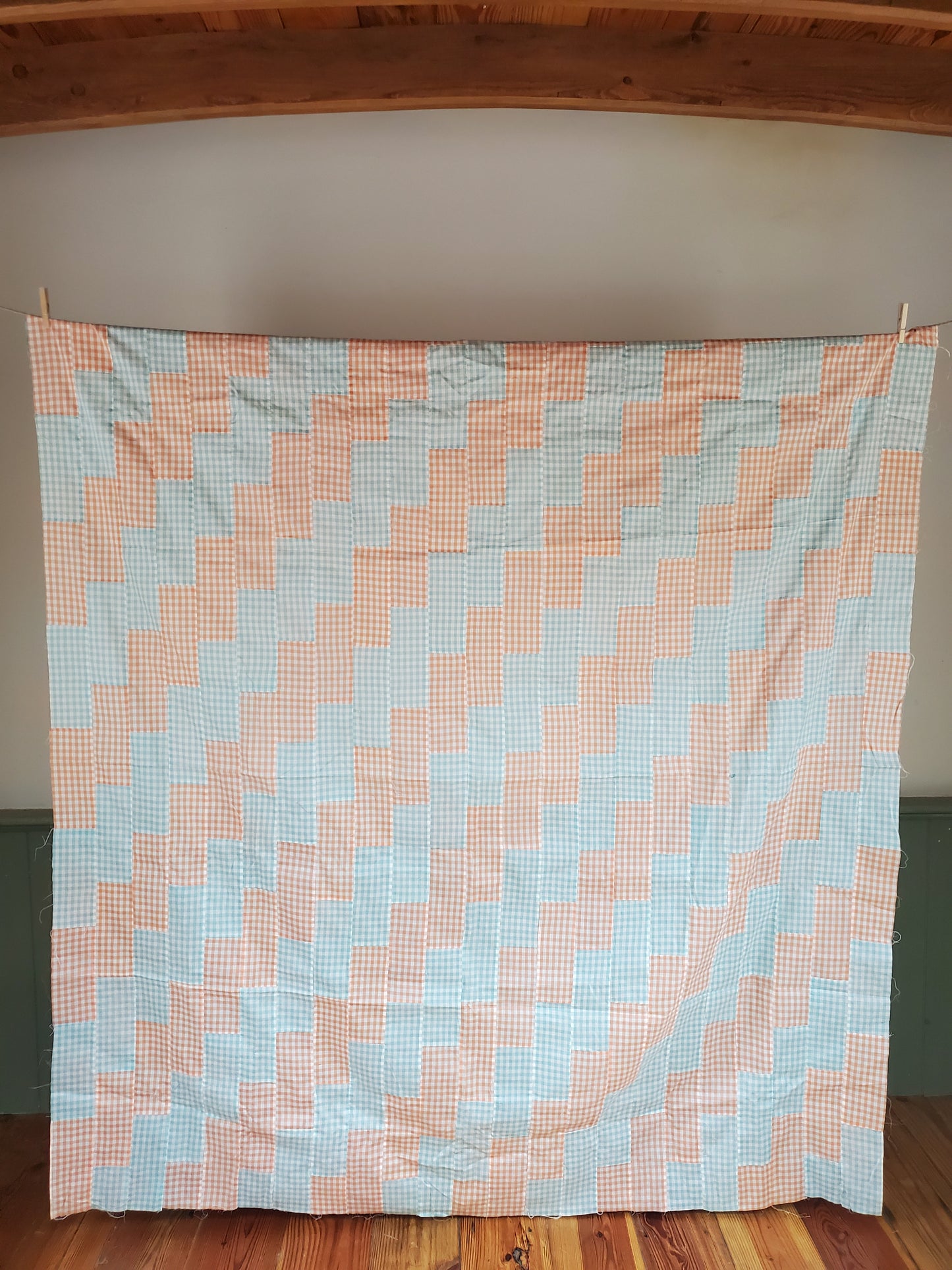 Vintage Blue & Orange Gingham Quilt Top