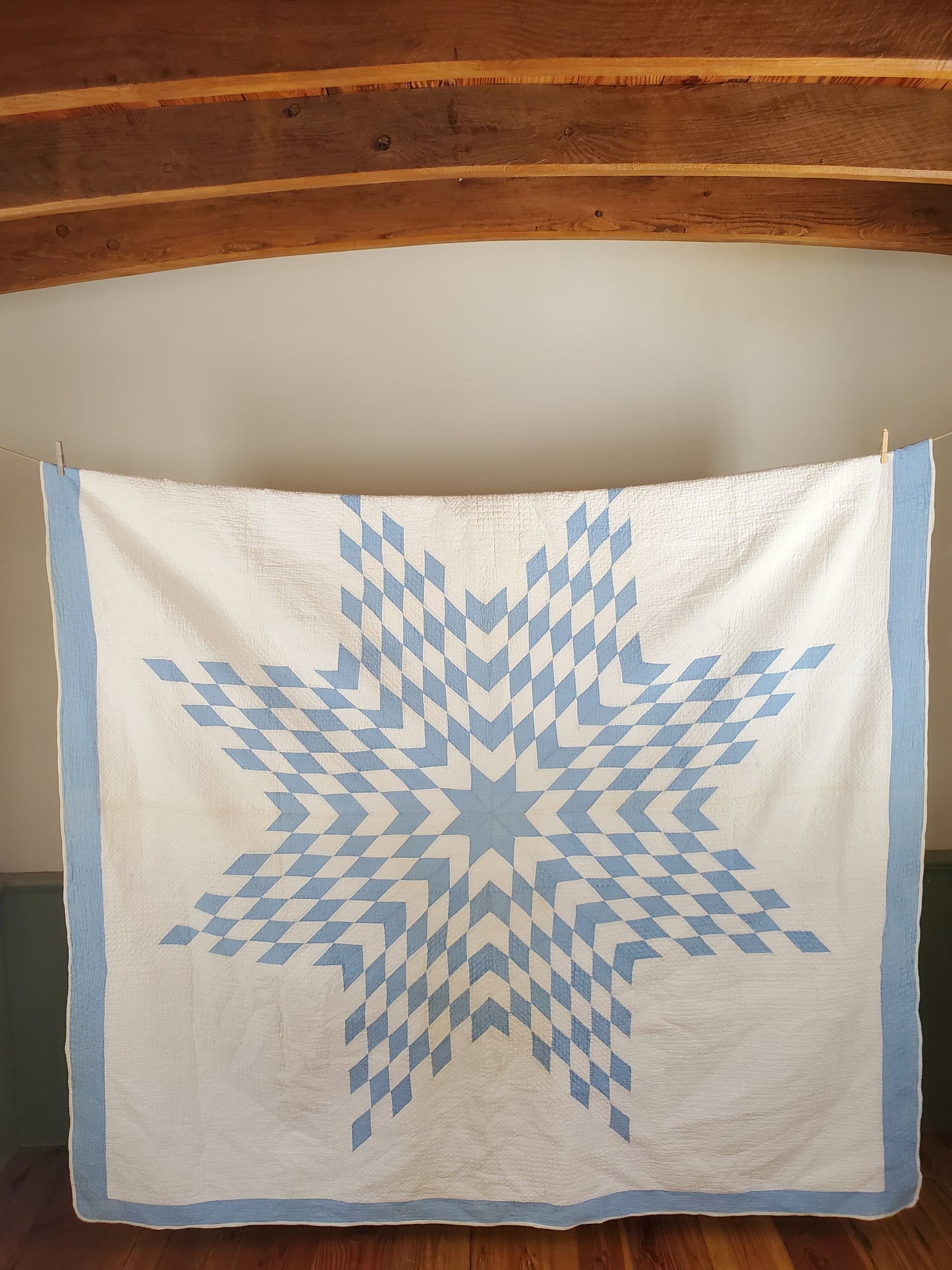 Blue and White Lone Star / Star of Bethlehem Vintage Quilt, ca 1900