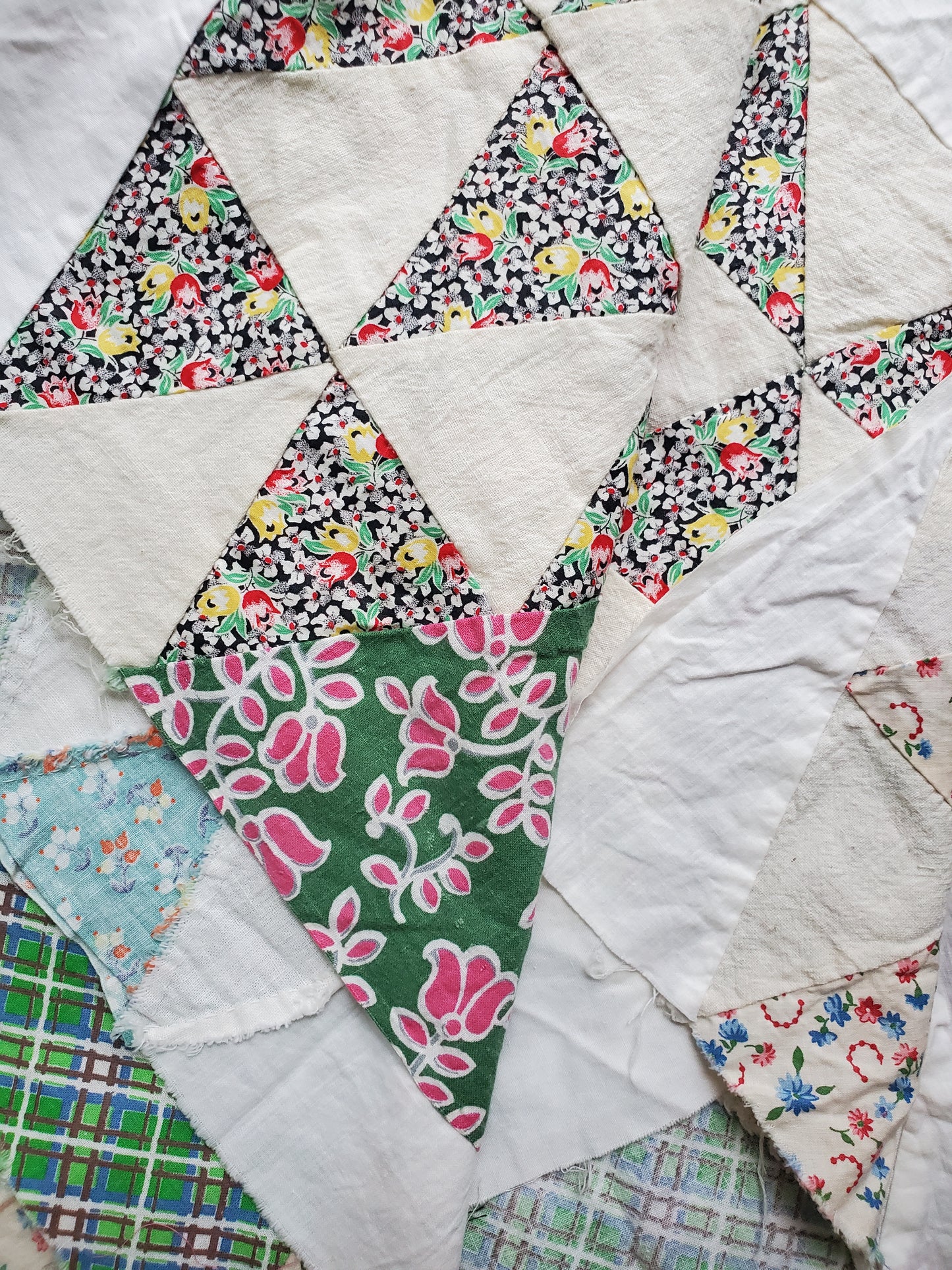 Vintage Half Triangle Feed Sack Quilt Top, ca 1950