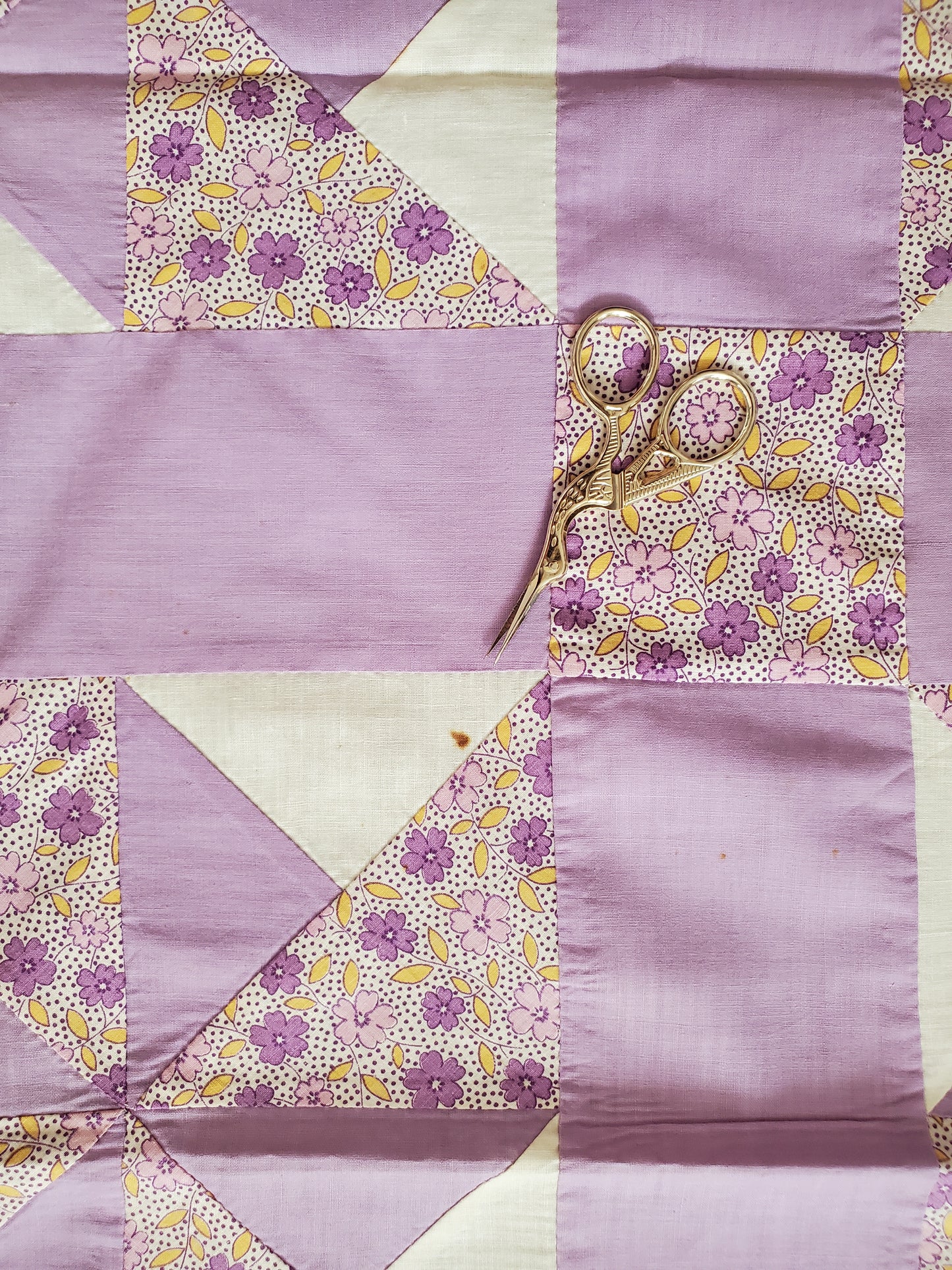 Lavender Floral Pinwheel Quilt Top, ca 1930